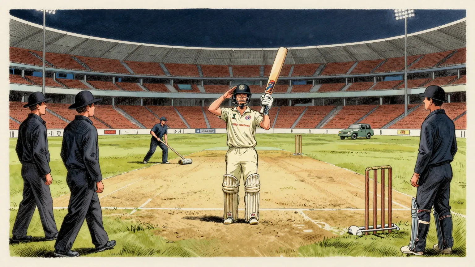 Editorial cartoon illustration: A batter in coloured one-day playing kit and a helmet stands alone in the middle of a floodlit subcontinental cricket stadium at night, bat raised in both hands in a salute, with every fielding position around him empty. At the boundary edge two umpires in dark trousers and wide-brimmed hats walk off the field calmly, side by side. Behind the batter, a groundsman in overalls is already dragging a heavy roller across the pitch.