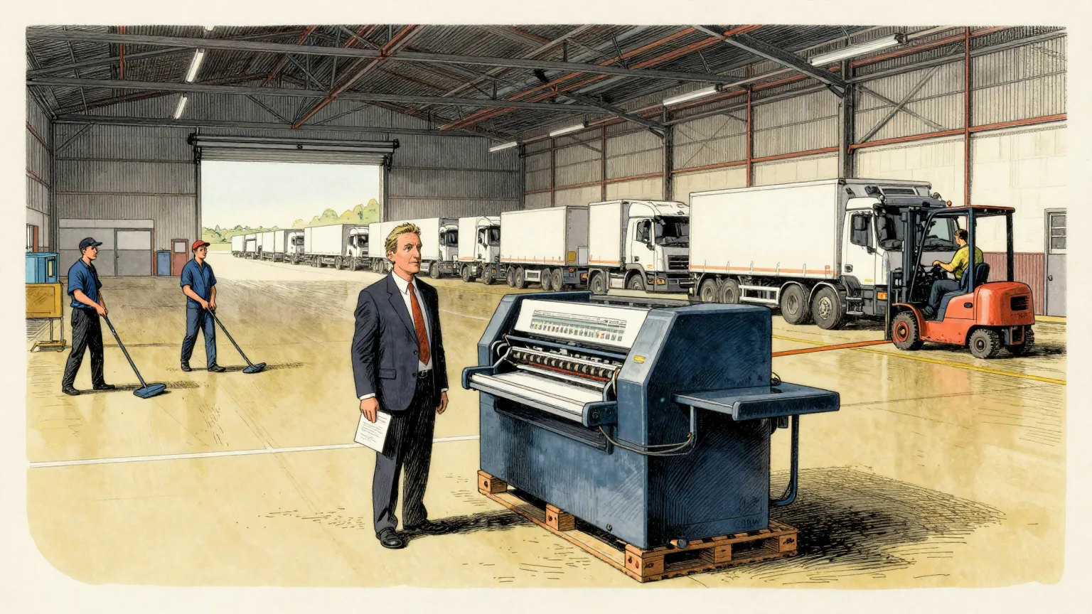 Editorial cartoon illustration: A salesman in a plain suit stands in a vast empty industrial hall in the Netherlands beside an enormous, immaculate lithography machine on a pallet, holding a single small order pad and waiting. Two cleaners sweep the far end of the floor and a forklift driver sits idle. Through the open loading doors behind him, a long queue of delivery lorries faces the other way, out towards the horizon.