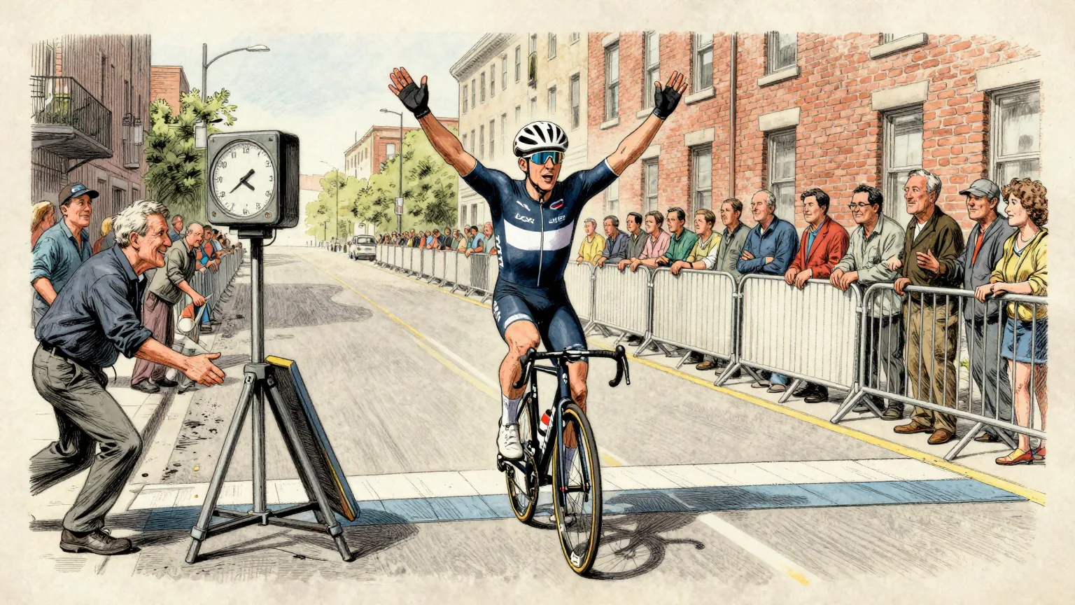 Editorial cartoon illustration: A cyclist in a skinsuit and aerodynamic helmet crosses a finish line on a city street in Montreal, arms raised, with barriers and spectators along both sides and team staff running out towards him. Beside the line, a large trackside timing clock on a tripod has slumped slightly forward on its legs, pointing at the ground.