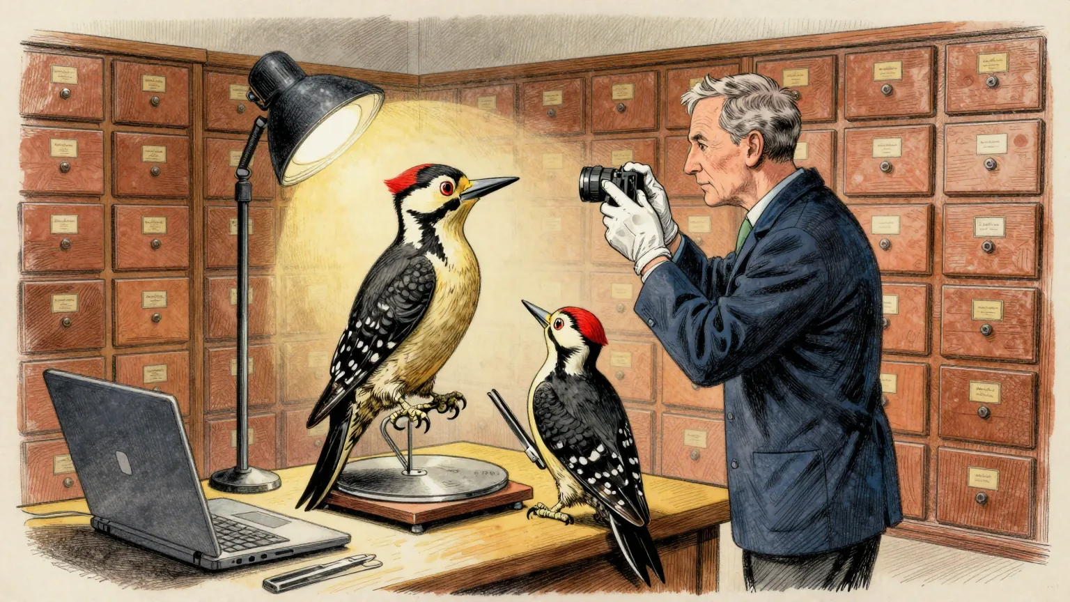 Editorial cartoon illustration: In a museum collections room lined with wooden specimen drawers, a researcher in white gloves photographs a single large stuffed woodpecker mounted on a small turntable under studio lights. Beside her on the bench stands a second, slightly different stuffed woodpecker with a pair of tweezers resting on its tail, waiting its turn. A laptop on a trolley is angled away from view.