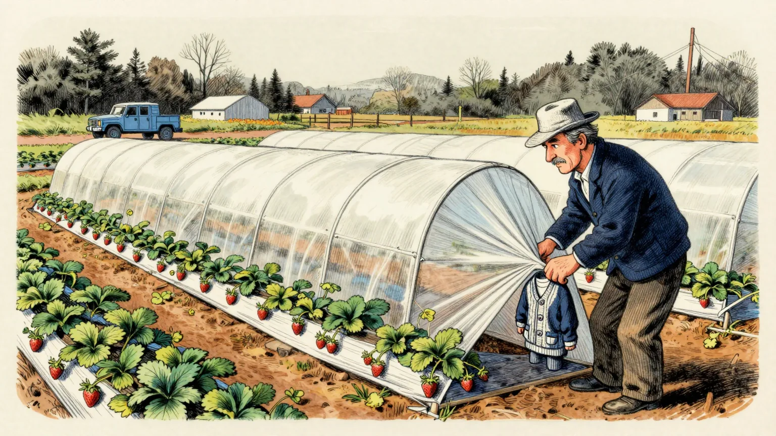 Editorial cartoon illustration: A low polytunnel on a North Carolina farm in early morning, with long rows of strawberry plants under a loose knitted white cloth that one researcher in a field hat is lifting at the corner to look underneath. Draped neatly over a single plant at the front of the row, instead of the cloth, is a small buttoned woollen cardigan.