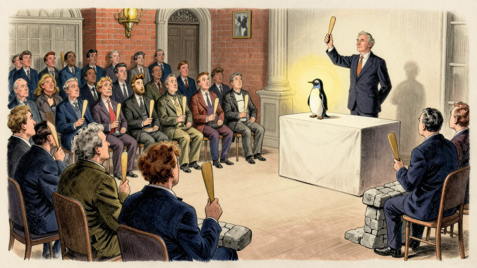 Editorial cartoon illustration: A crowded London auction room, rows of seated bidders in coats and jackets all facing a raised rostrum where an auctioneer in a dark suit holds one hand aloft mid-bid. On a draped plinth beside him, lit by a single bright lamp, stands a small clay penguin no taller than a teacup. The bidders are all holding plain wooden paddles, except one man in the front row, who has a short section of grey dry stone wall balanced across his knees.