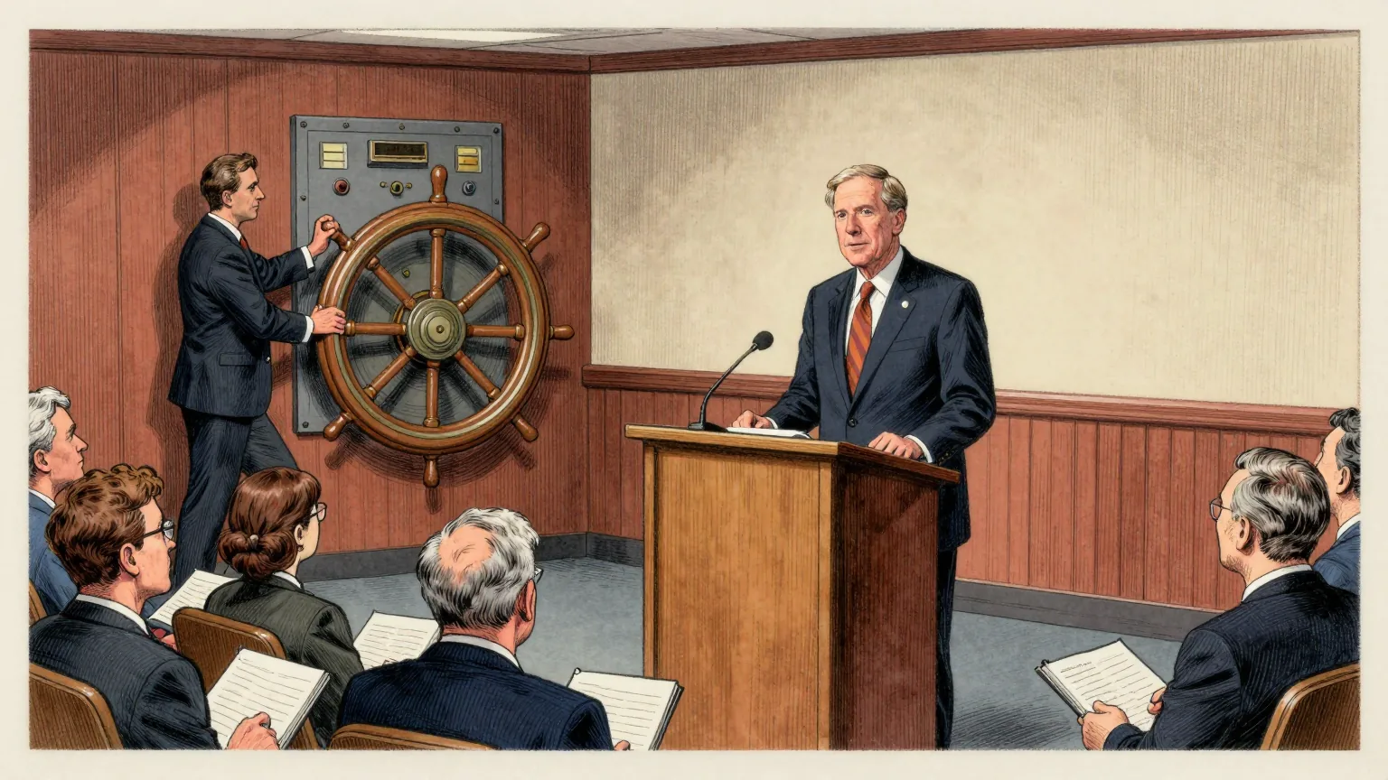 Editorial cartoon illustration: Federal Reserve chair Kevin Warsh stands at a wooden lectern in a panelled press room, speaking calmly to rows of seated reporters holding notebooks. Mounted on the wall behind him is an enormous industrial control wheel of the kind found in a ship's engine room. A staff member in a dark suit is still gripping the wheel with both hands and both feet braced against the wall, having turned it by about a centimetre.