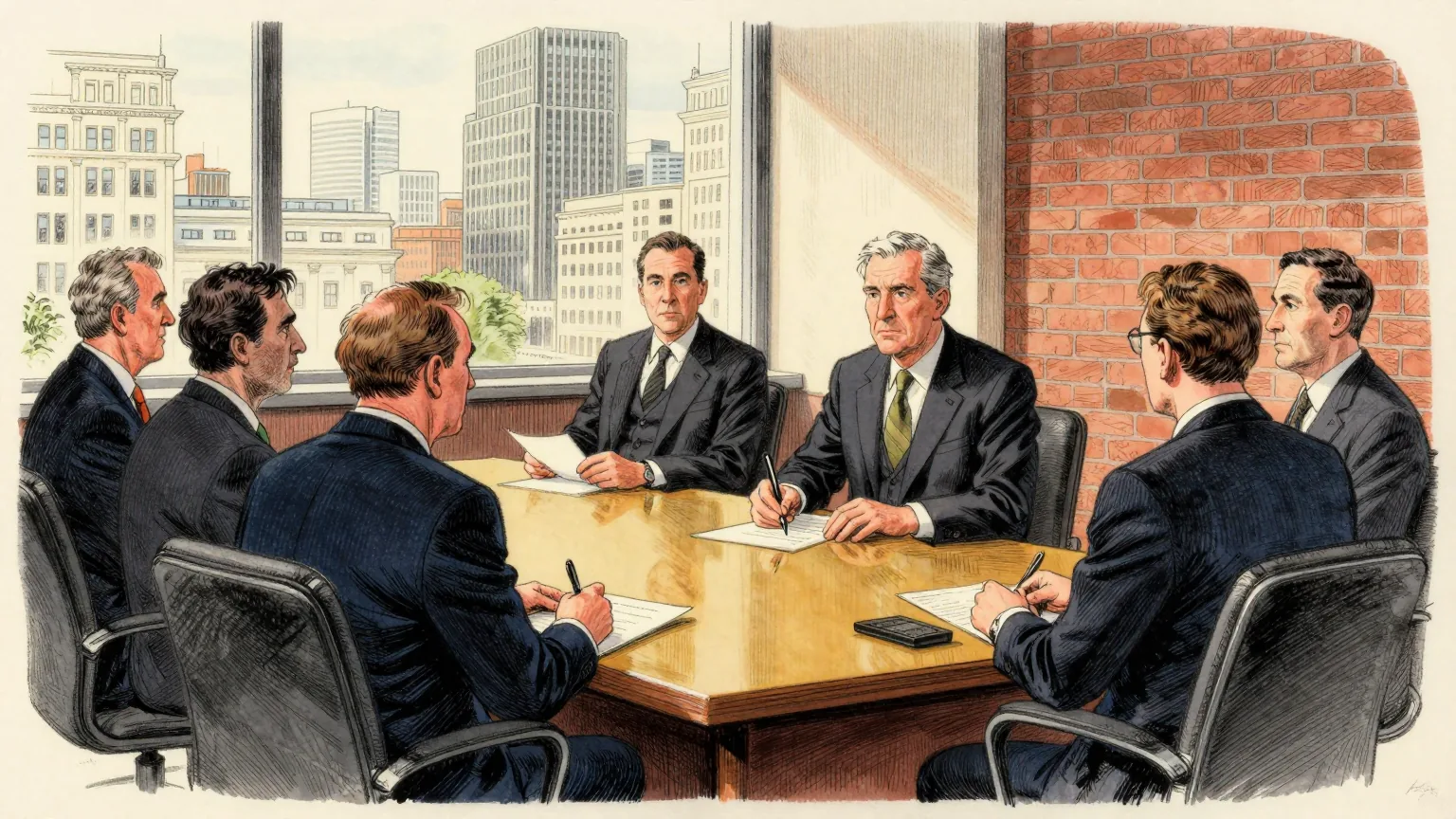 Editorial cartoon illustration: A calm City of London boardroom where several executives in dark suits sit around a polished table watching a colleague at the head of it, who is carefully filling in a small blank paper form with a fountain pen. The chair beside him is empty and pushed back. Through the tall window behind them, ordinary office towers stand in daylight.