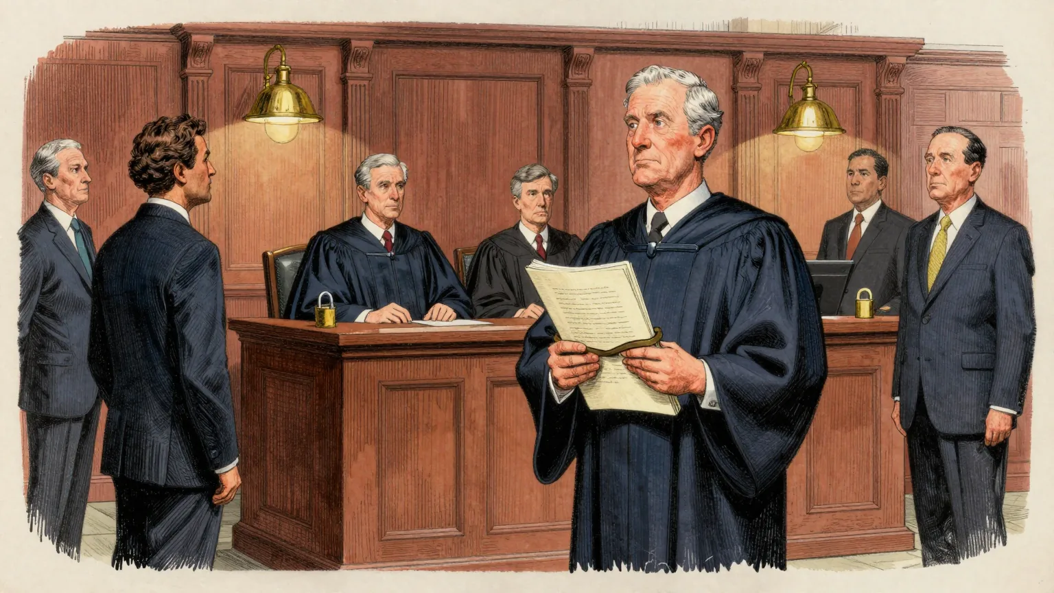 Editorial cartoon illustration: In a panelled American appeal court, three robed judges sit at the bench looking composed while lawyers in suits stand at the lectern below. Carved woodwork and brass lamps surround them. One lawyer is holding a thick document bound shut with heavy iron straps and a padlock, cradling it carefully with both arms while everyone else stands empty-handed.
