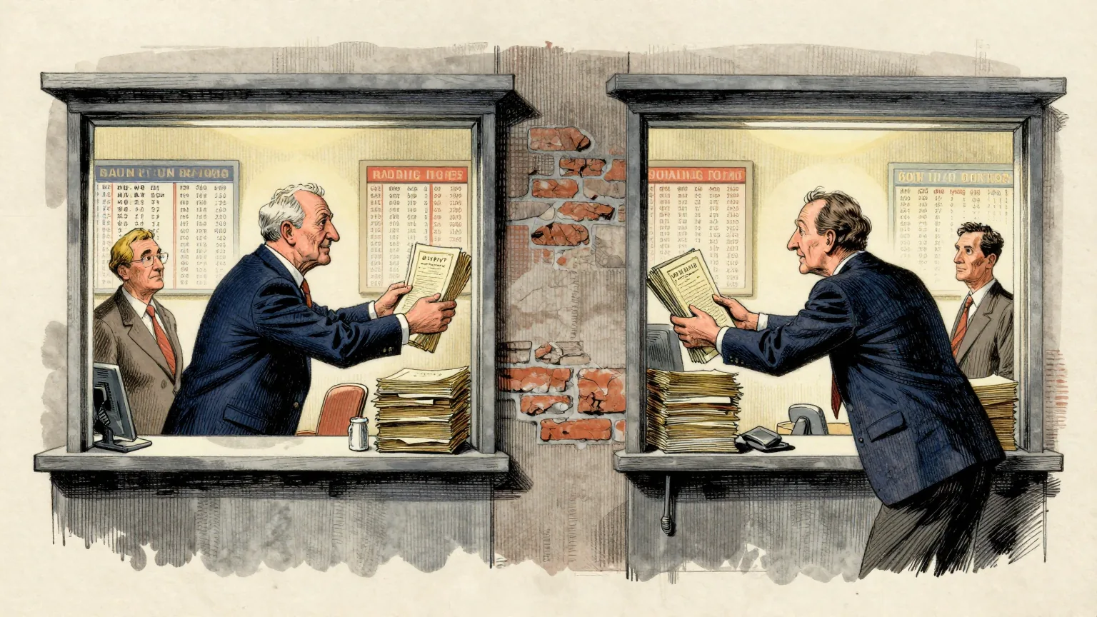 Editorial cartoon illustration: A trading floor where a dealer in shirtsleeves hands a thick stack of share certificates out of one window of a booth while reaching back through a second window of the same booth to collect an identical stack. Colleagues around him stare at a wall of price boards. A tea trolley sits abandoned between the two windows.