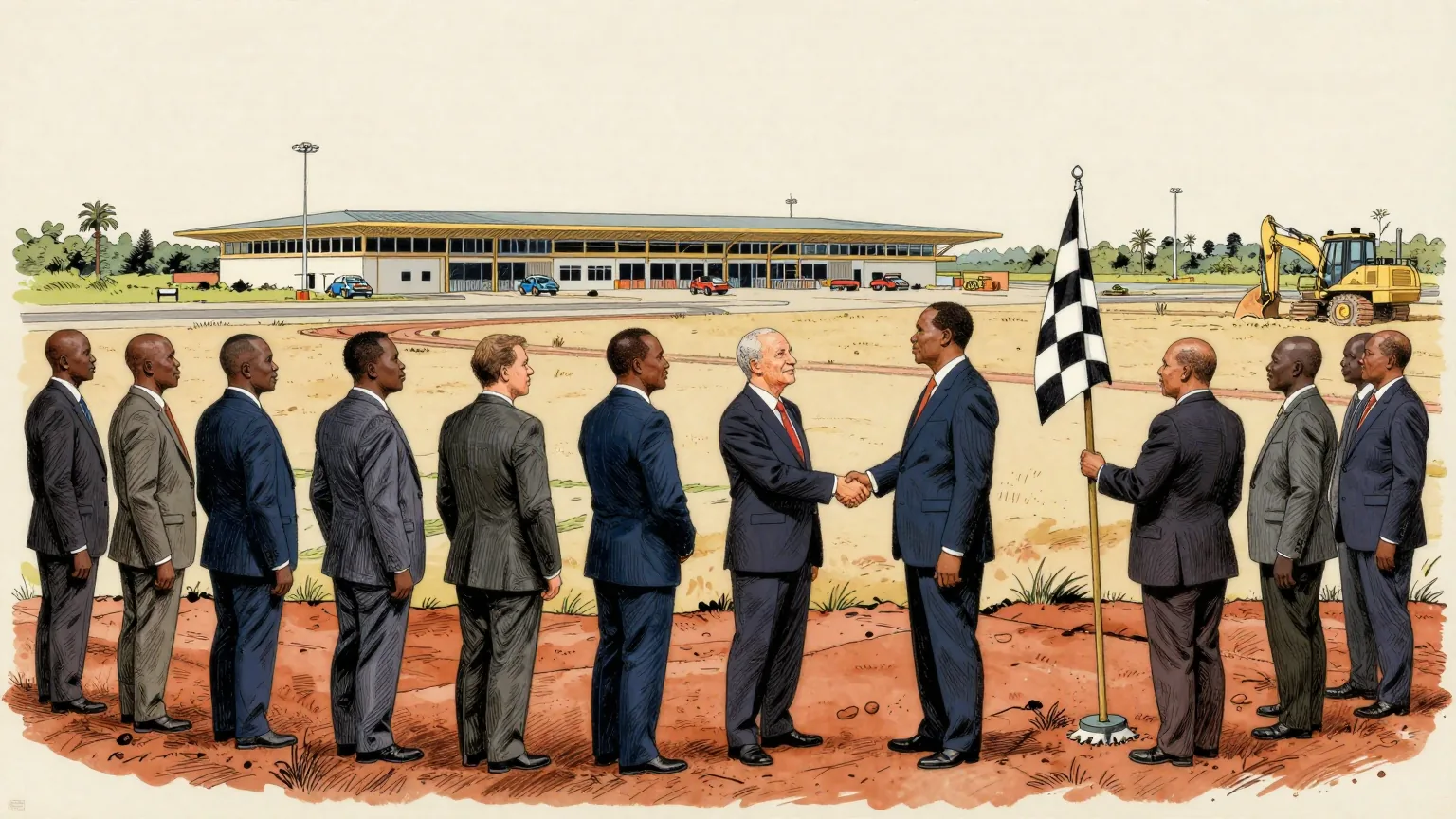 Editorial cartoon illustration: A group of officials in suits stand on bare red earth on a wide hillside in Rwanda, shaking hands beside surveyor's stakes and a parked earthmover, with a half-finished airport terminal in the middle distance. One of the officials holds a chequered flag down at his side. Everyone else is simply looking out across the empty ground where the track will go.