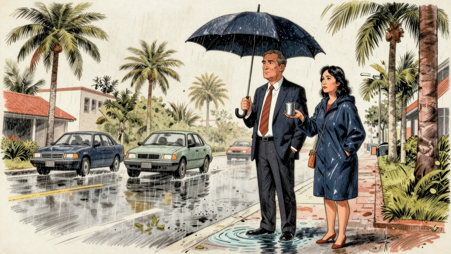 Editorial cartoon illustration: A man in a business suit stands ankle-deep in warm rainwater at the kerb of a Fort Lauderdale street lined with palm trees, holding a furled umbrella and watching the downpour with mild interest. Beside him a woman in a raincoat holds out a small tin cup to catch the rain, wearing an expression of grim satisfaction. Cars move slowly through the puddles behind them.
