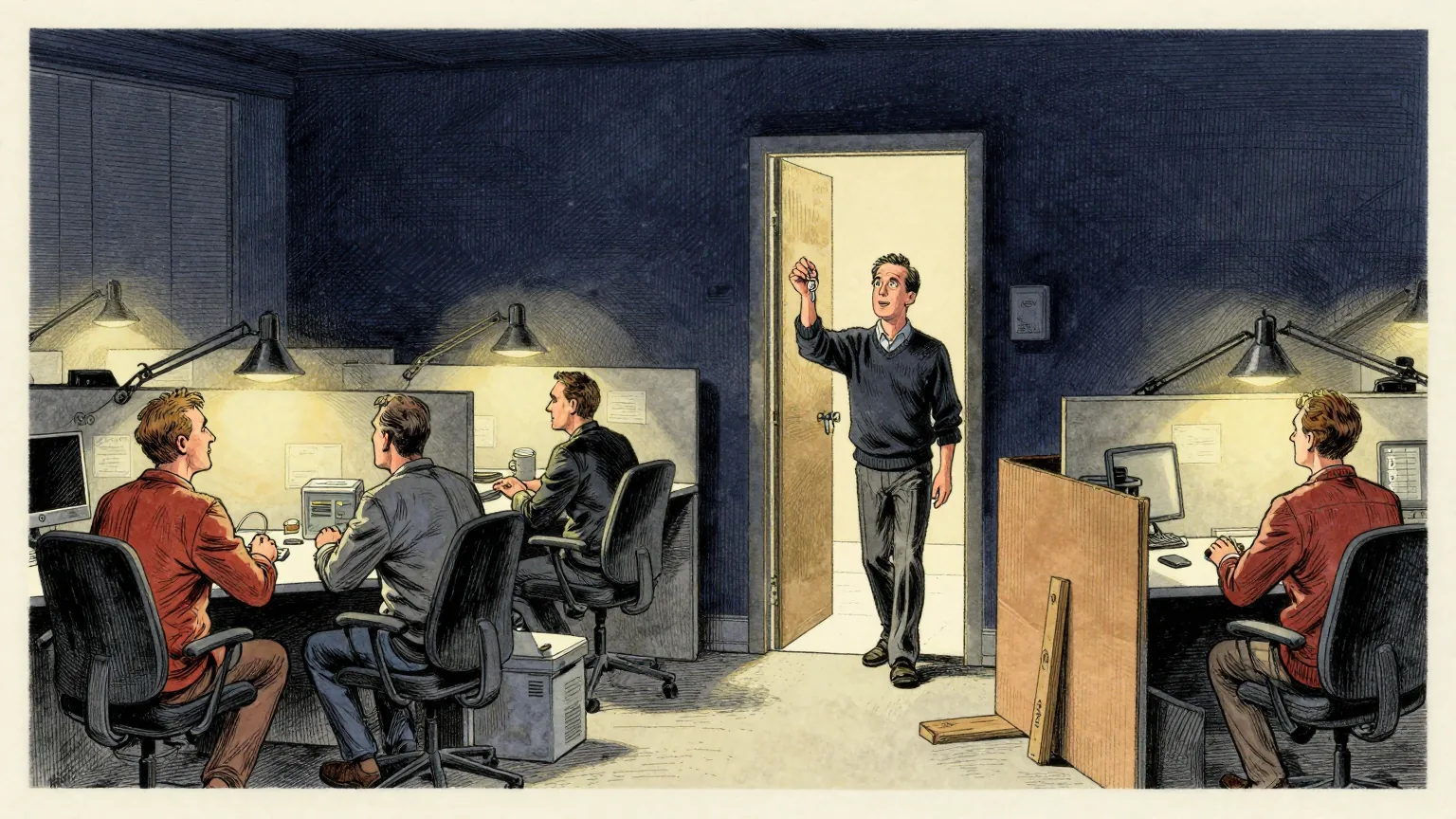 Editorial cartoon illustration: A large open-plan office at night, lit only by desk lamps, with three analysts in casual clothes sitting at bare desks and turning to look towards a doorway. None of them is holding anything. In the doorway stands a polite burglar in a dark jumper with one foot still on the threshold, holding up a ring of keys and raising his other hand apologetically as he steps back out. Beside him a flimsy cardboard office front is propped up with timber battens.