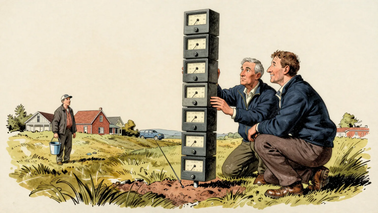 Editorial cartoon illustration: Two seismologists in field jackets crouch on a grassy Victorian hillside beside a small instrument box pegged into the soil, watching a needle twitch. One of them steadies a tall stack of eight identical instrument boxes, each slightly smaller than the one below it, balanced in a wobbling tower. A dairy farmer stands a little way off with a bucket, looking at the ground with mild interest.