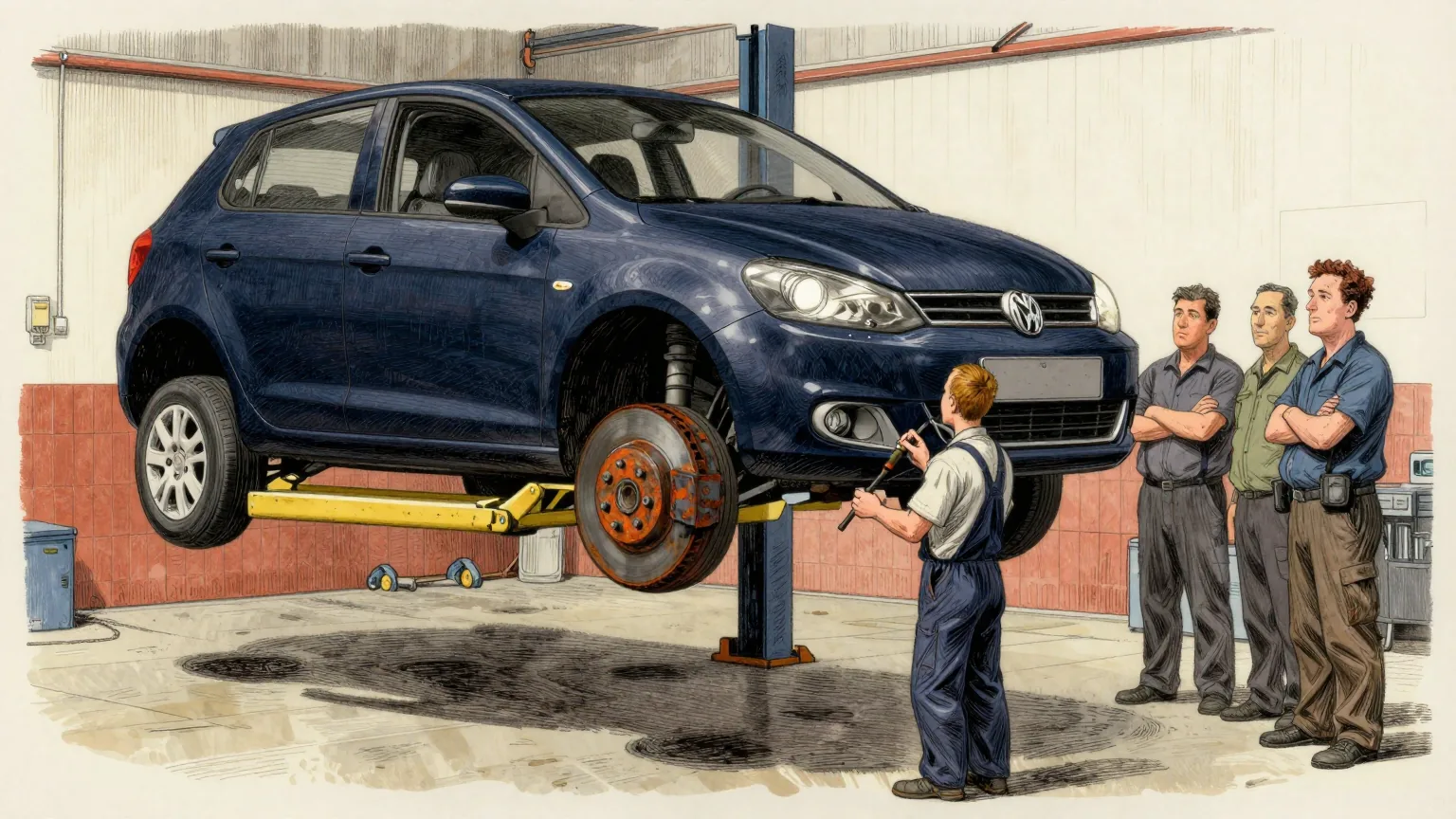 Editorial cartoon illustration: Inside a small vehicle-testing garage, a compact hatchback is raised on a two-post lift with its wheels removed. A mechanic in overalls stands underneath shining a torch at one brake disc, which has rusted a deep orange. Two other mechanics stand a little way off with their arms folded, watching. The bodywork of the car above them is spotless and unmarked.