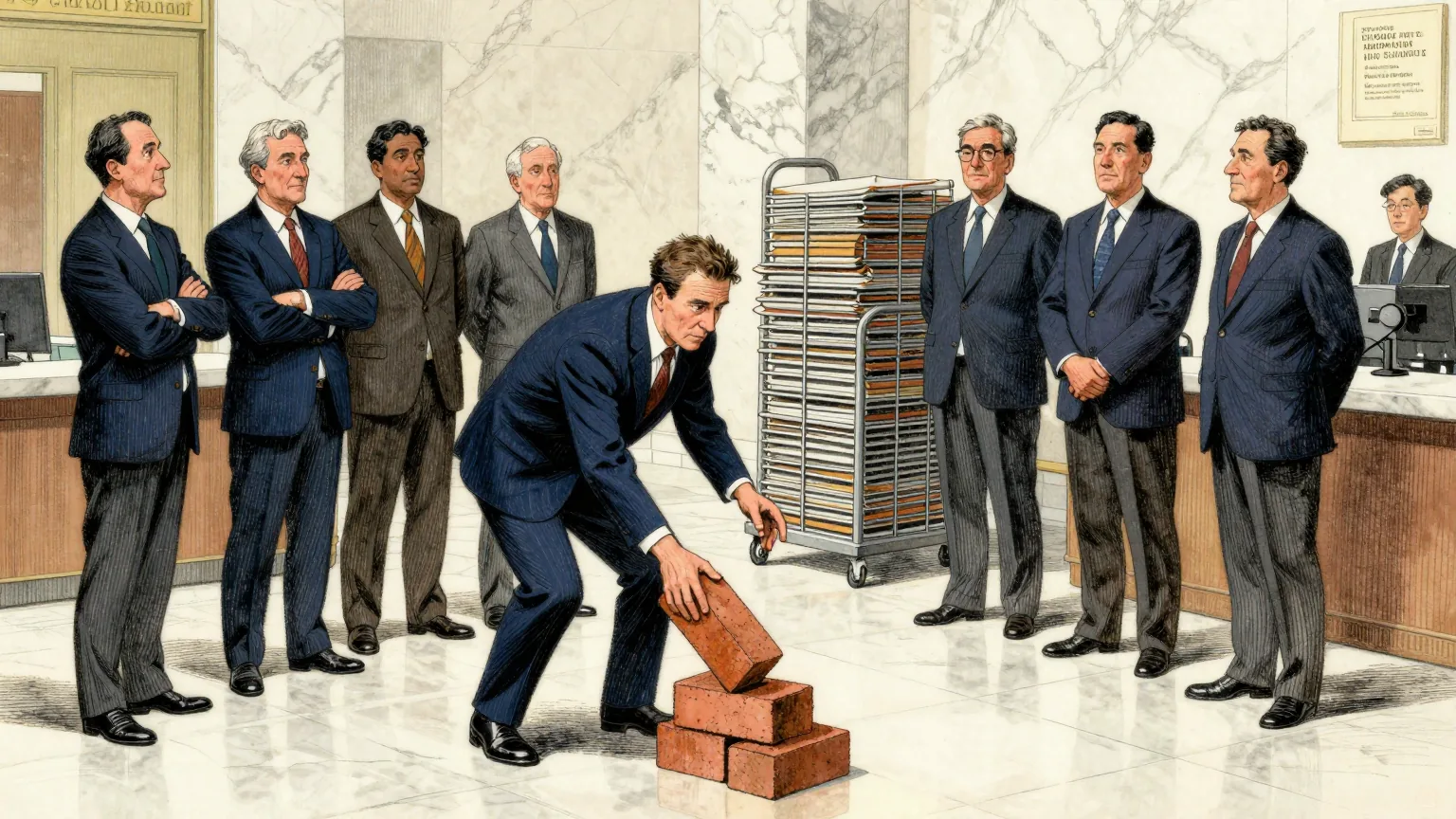 Editorial cartoon illustration: A group of clearing-house staff in business suits stand in a marble exchange lobby with their arms folded, watching a colleague in the centre of the room. He is carefully lifting a single brick off a low stack of two bricks on the polished floor and holding it out at arm's length, as if unsure where to put it. Behind them a metal trolley is piled high with empty wire trays.