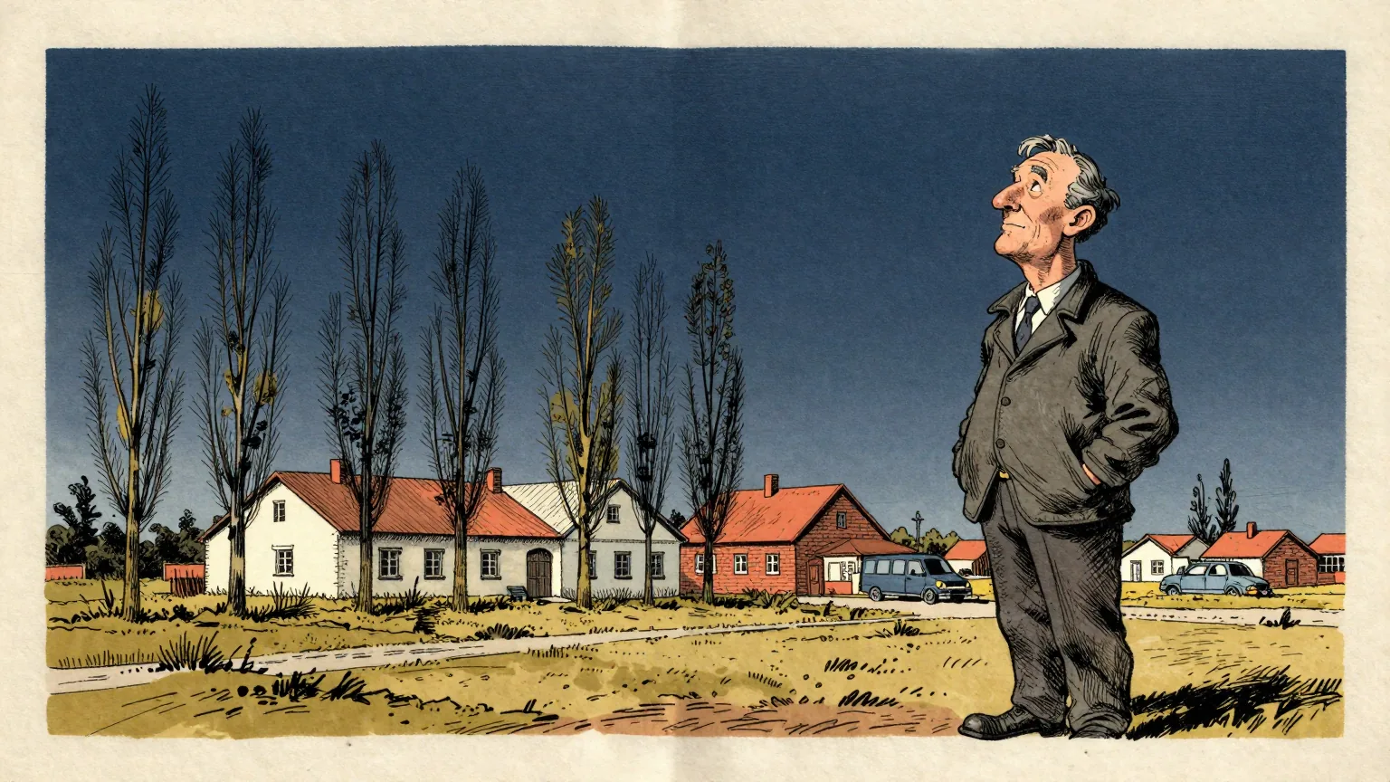 Editorial cartoon illustration: Behind him a row of poplars and a low whitewashed farmhouse sit under a completely cloudless sky. A village official in a jacket stands a few paces away with his hands in his pockets, looking up at the same sky.