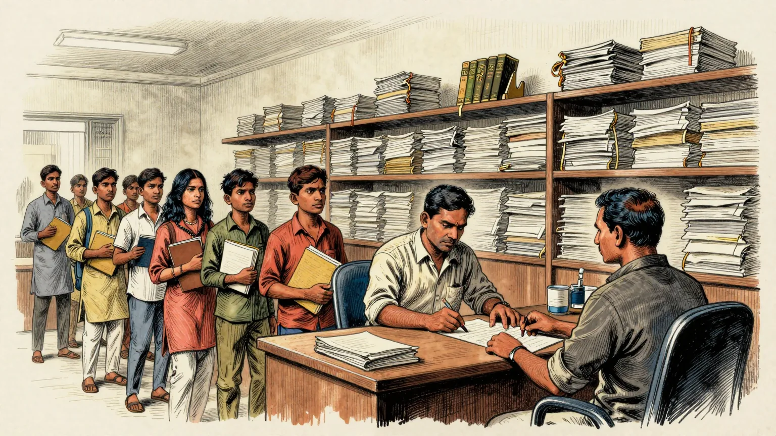 Editorial cartoon illustration: A high-ceilinged Indian government registry office with wooden counters, where a clerk in a short-sleeved shirt stamps a form while a queue of applicants holding folders waits patiently along the wall. Behind the counter, tied bundles of papers are stacked from floor to ceiling in neat towers. One bundle on the topmost shelf has been bound with a ribbon and stood upright between two bookends, like a volume on display.