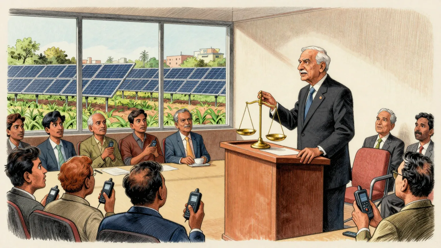 Editorial cartoon illustration: A senior civil servant in a plain dark suit stands at a lectern in a bright Delhi conference room, speaking to a seated row of reporters who are holding up small voice recorders. Through tall windows behind him is a field of low solar panels with rows of green crops growing in the gaps between them. On the lectern beside him sits a large brass balance scale with both pans empty, and he rests one hand on it as he talks.