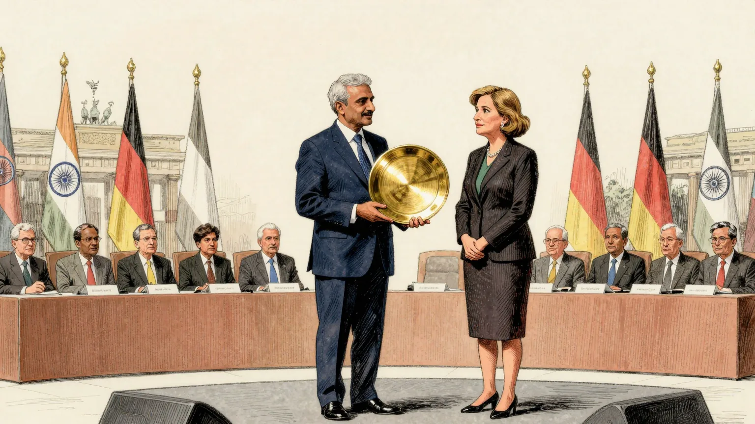 Editorial cartoon illustration: Indian commerce minister Piyush Goyal and German economy minister Katherina Reiche stand together on a low stage at a business forum in Berlin, with a long table of seated delegates in front of them. Goyal holds up a large polished brass hoop the size of a dinner plate, presenting it to the room. Reiche stands alongside with hands clasped, looking at the hoop. Behind them is a row of plain unmarked flags on poles.