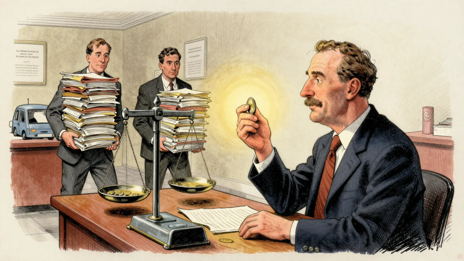Editorial cartoon illustration: In a high-ceilinged government tax office, a clerk at a desk holds a single small coin up to the light and studies it closely. Behind him, two colleagues carry an enormous stack of files towards a set of weighing scales on a side table, where one pan already sits noticeably lower than the other. Nobody is looking at the scales.
