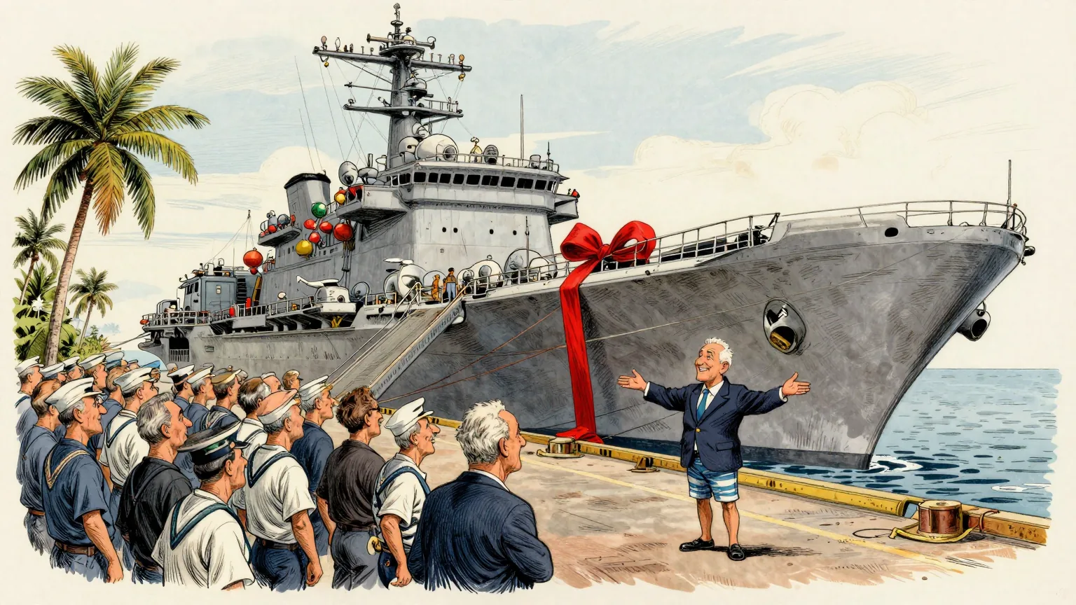 Editorial cartoon illustration: A very large, elderly grey aircraft carrier tied up at a tropical naval quay under a bright sky, with rows of sailors standing to attention on the dock and palm trees behind them. One Italian official in a summer suit stands at the end of the gangway, arms spread wide and beaming, having just handed something over. A single enormous red gift ribbon is tied around the middle of the ship's hull.