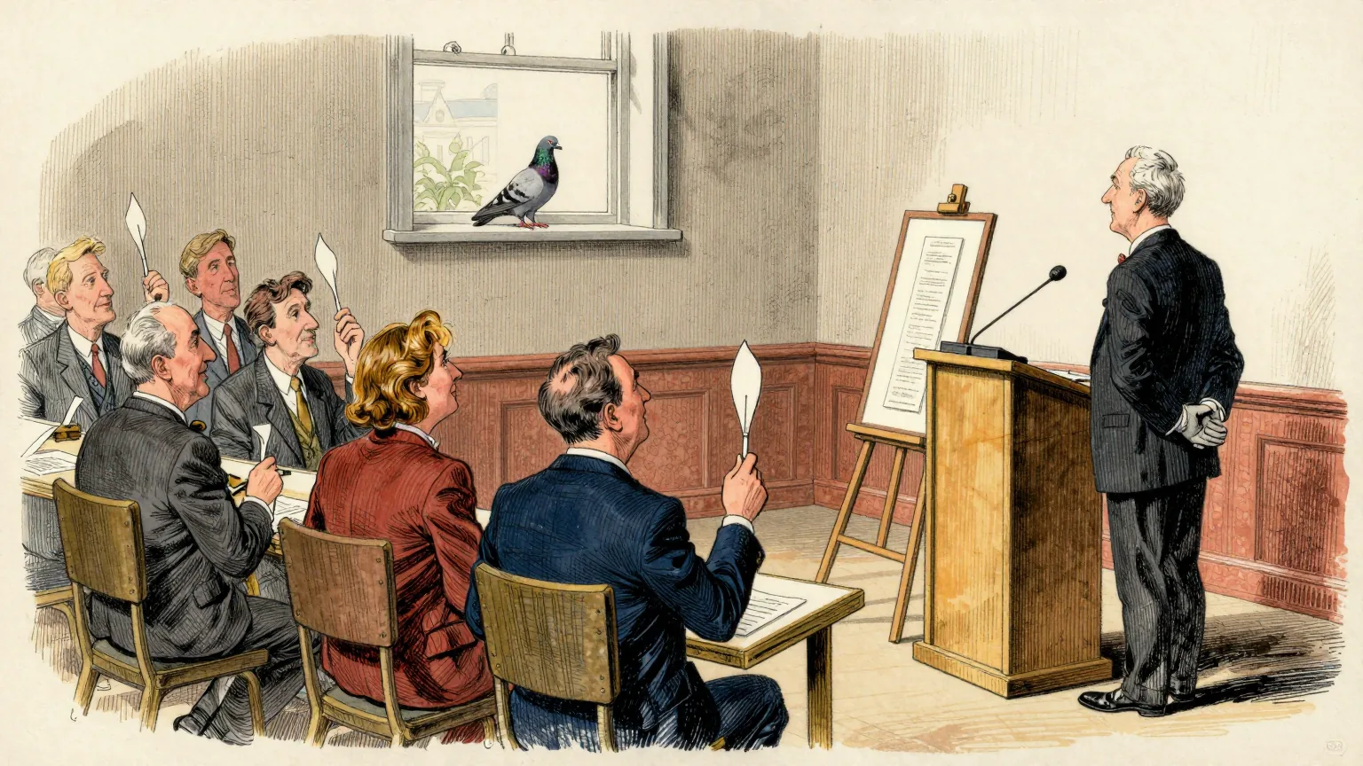 Editorial cartoon illustration: In a hushed auction room, an auctioneer at a lectern takes bids for a small framed paper strip displayed on an easel beside him, while well-dressed bidders raise paddles. A single pigeon sits on the window ledge at the back of the room, facing away from the sale. A porter in gloves stands by the easel with his hands behind his back.