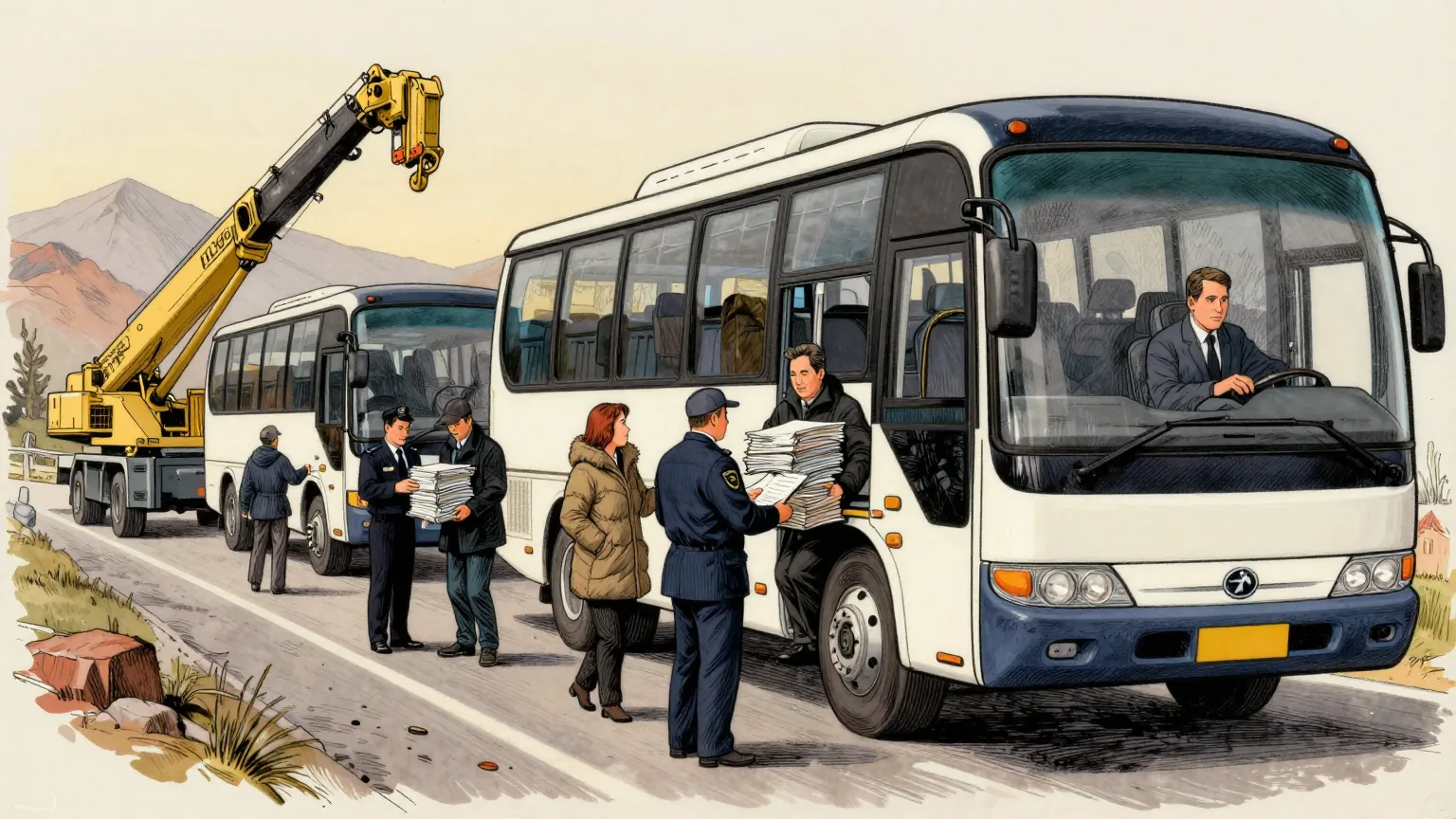 Editorial cartoon illustration: A line of parked government buses on a mountain road at dawn, with clerks in winter coats loading bundles of tied files through the doors while a mobile crane waits at the front of the convoy. A uniformed officer with a clipboard counts the clerks as they board. At the back of the line, one driver sits alone at the wheel of a completely empty bus, waiting patiently.