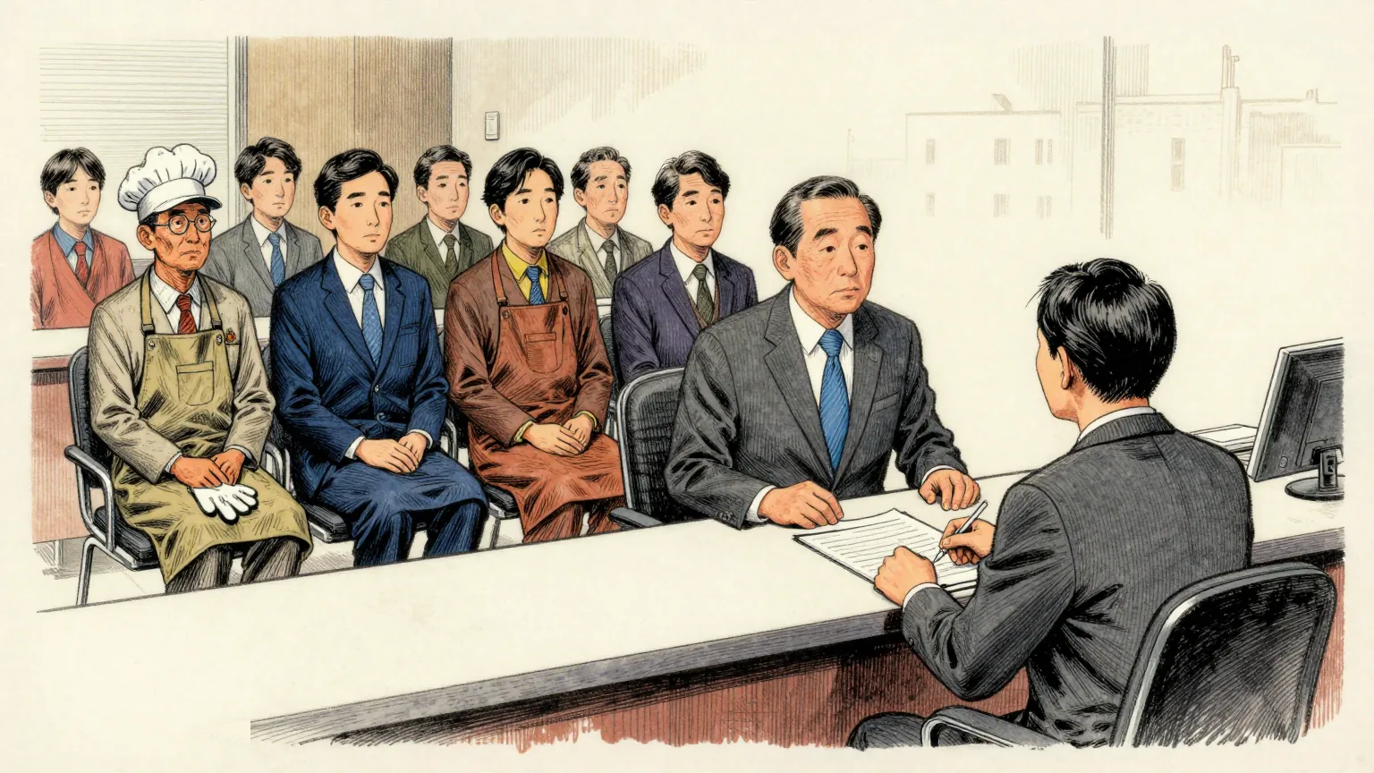 Editorial cartoon illustration: A tidy Japanese employment office with a long counter, where a clerk in a grey suit sits opposite a single applicant filling in a form. Behind the clerk, a row of empty chairs faces the counter, each one occupied by a folded workman's apron, a chef's hat or a pair of work gloves arranged as if sitting upright and waiting its turn. The clerk is looking only at the applicant.