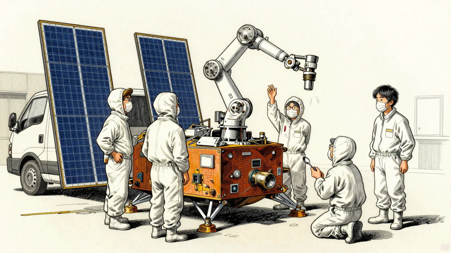 Editorial cartoon illustration: A brightly lit clean room in Japan where four engineers in white coveralls, hoods and masks stand around a boxy spacecraft the size of a small van, its solar panels folded against its sides. Three of them reach up to steady the craft's long robotic sampling arm. The fourth kneels at the front of the spacecraft, holding out a single ordinary kitchen teaspoon.