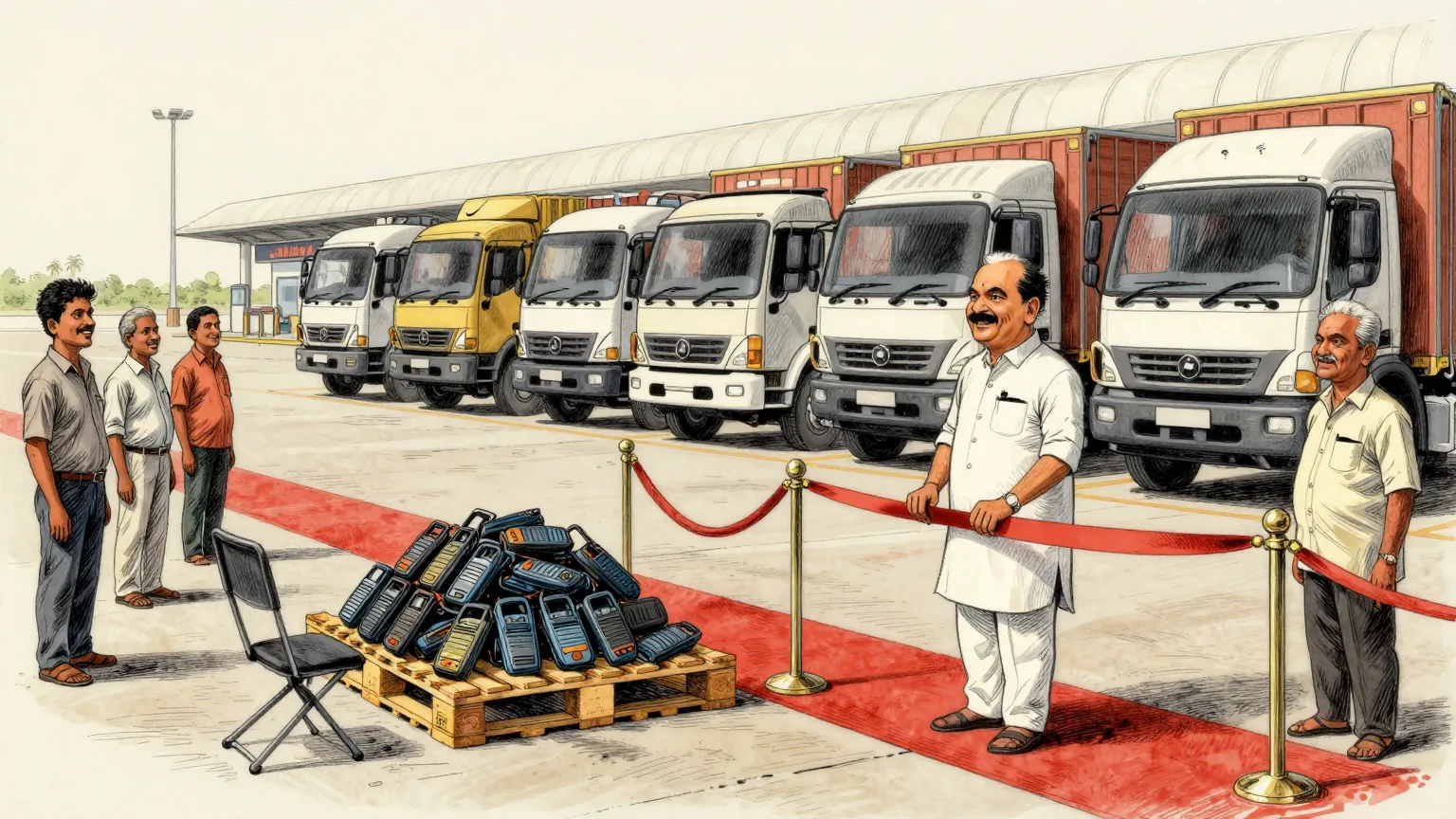 Editorial cartoon illustration: A minister in a white shirt cuts a ribbon on a red carpet at an airport cargo terminal in Kerala, in front of a line of five new trucks. Officials and drivers stand to attention on either side. On the loading platform beside them, a single wooden pallet piled with small identical handsets has been given its own velvet rope and a folding chair.