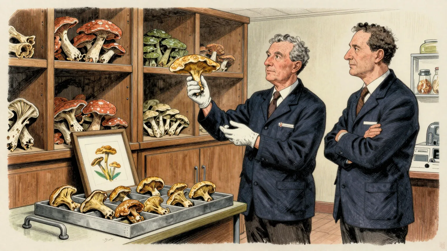 Editorial cartoon illustration: Two researchers stand in a tall room of wooden specimen cabinets at a botanical institution, comparing a flat bracket fungus held at arm's length with a small framed botanical watercolour propped against a workbench. A trolley beside them carries a dozen near-identical dried bracket fungi in shallow unmarked trays. One researcher wears a single white cotton glove and holds the fungus well away from her body; the other stands with folded arms and watches.