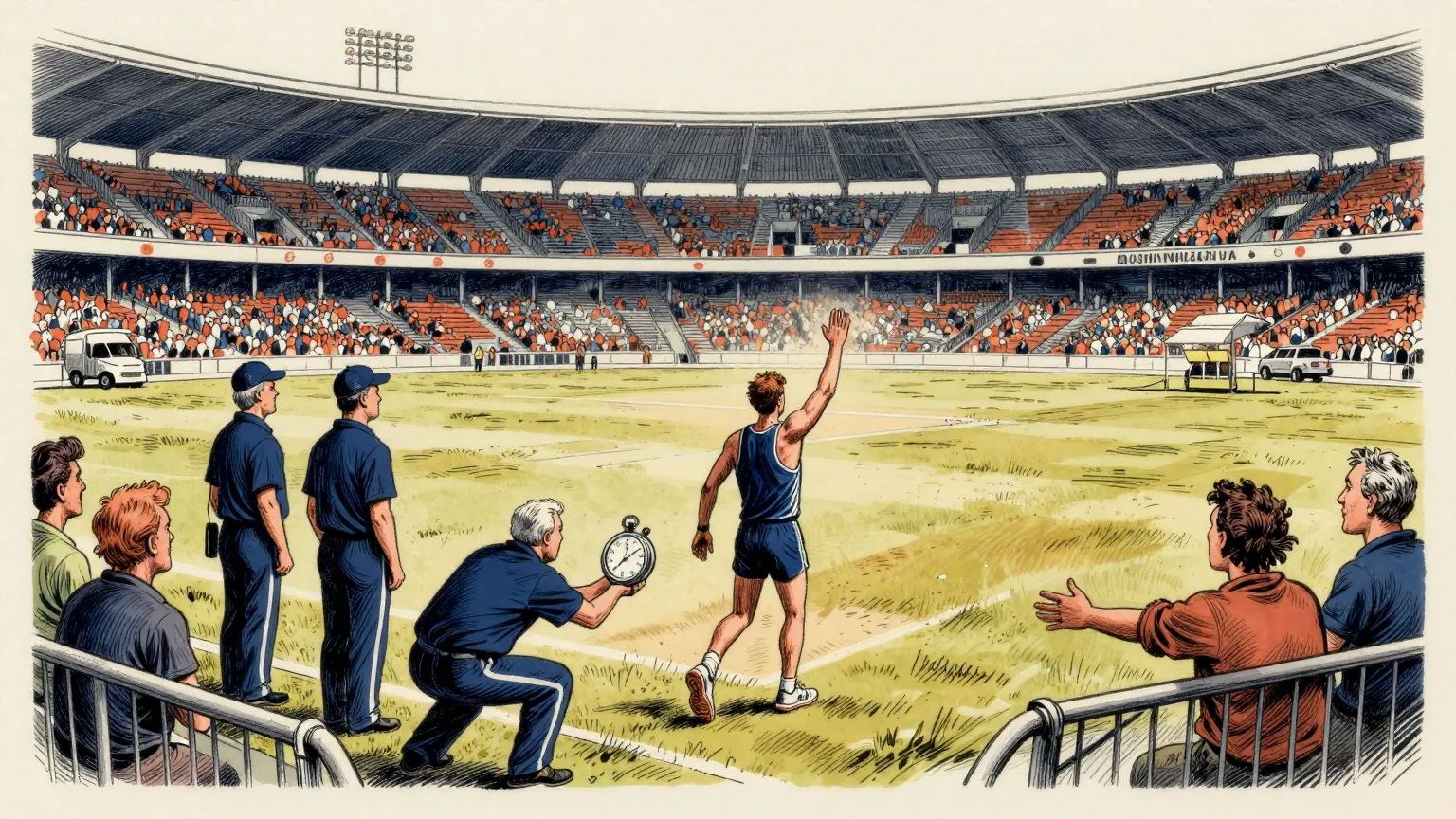 Editorial cartoon illustration: A lone marathon runner in a singlet and shorts crosses the grass inside a vast oval cricket stadium, one arm raised in a wave towards the packed stands. Two officials in polo shirts wait at the finish line, and one of them is crouching low with a large stopwatch held out at arm's length towards the runner's feet. Spectators lean over the boundary fence with their arms outstretched.