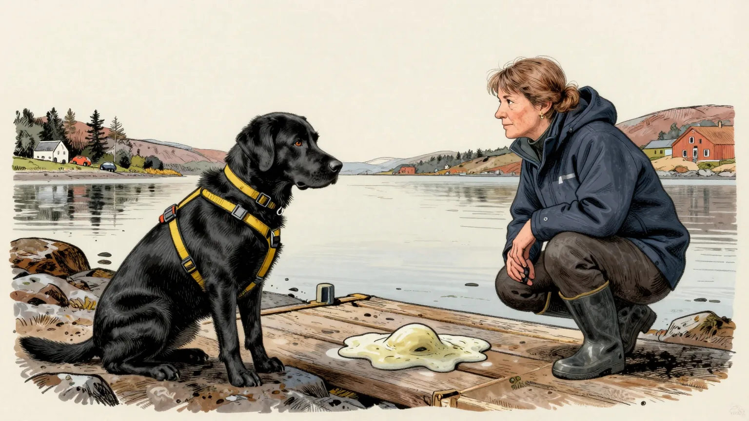 Editorial cartoon illustration: A black Labrador sits completely still on wet rocks beside a Scottish sea loch at low tide, staring hard at a patch of pale slime on a wooden pontoon. A woman in a waterproof jacket and wellington boots crouches next to her, peering at the same patch and plainly seeing nothing in it. A bright mountain rescue harness hangs from the dog's collar, far too bulky for the job in hand.