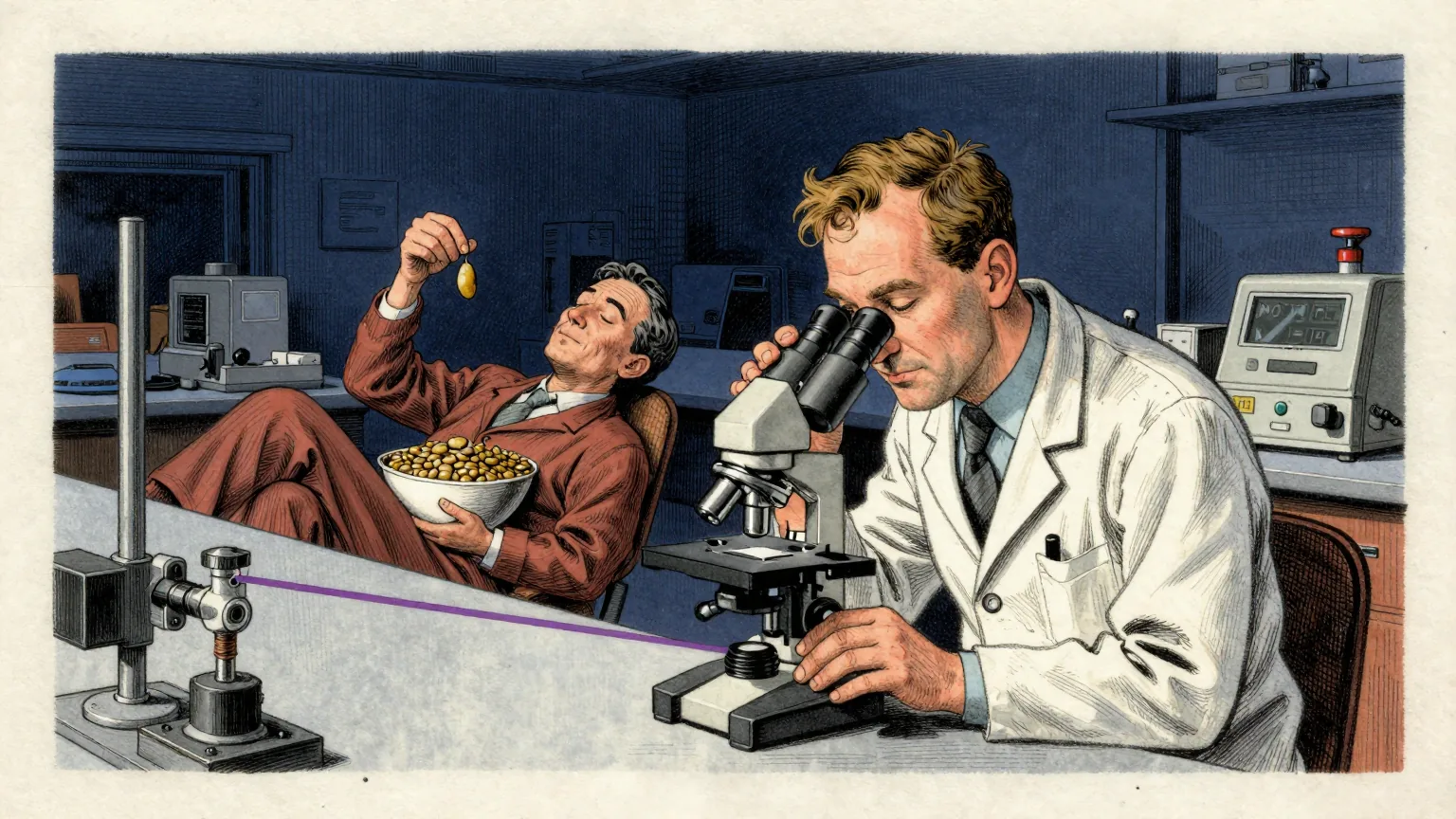 Editorial cartoon illustration: In a darkened university laboratory, a thin violet beam crosses a bench of optical mounts toward a sample no bigger than a fingernail. A researcher in a white coat leans into the eyepiece of a microscope with both hands on the stage, concentrating hard. Behind her, a second researcher has fallen asleep upright in a chair, still holding a single dried bean above an almost full bowl of them.