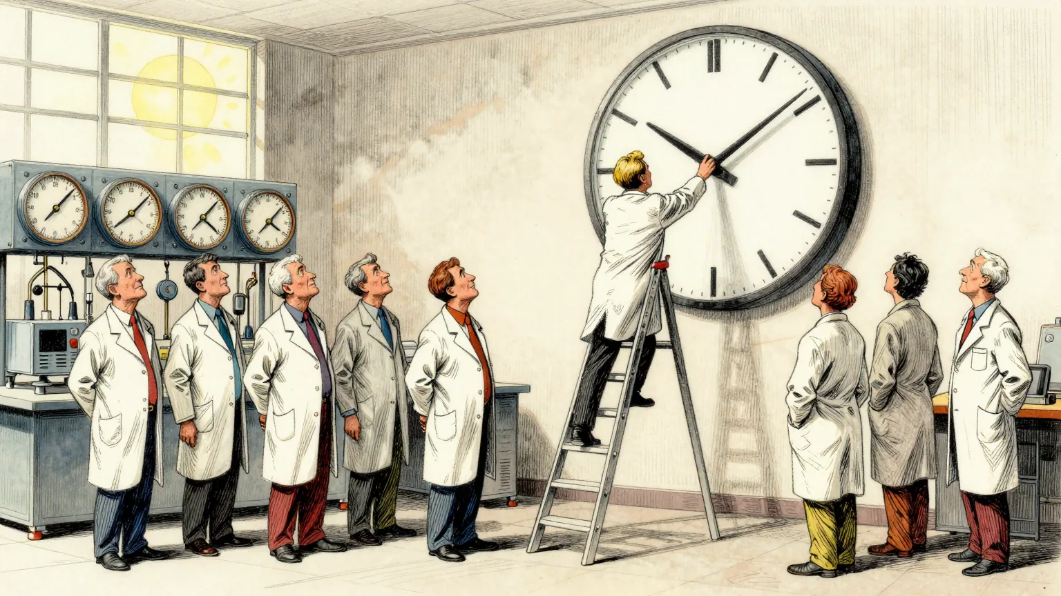 Editorial cartoon illustration: A row of scientists in laboratory coats stand in a bright metrology hall in front of a tall rack of atomic clock equipment, all looking up at a very large plain wall clock whose face has no markings on it at all. One of them is up a stepladder with a long wooden pointer, carefully pushing the two hands further apart. Through a high window behind them the sun sits low and slightly out of place.