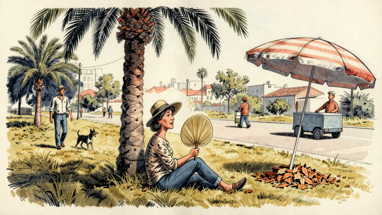 Editorial cartoon illustration: A woman in a sun hat sits in the thin shade of a palm tree on dry grass in a Los Angeles park, fanning herself with a folded straw fan. Nearby a man walks a dog along the path and a street vendor pushes an ice cart. Beside her a striped beach parasol has been planted in the grass, with a heap of fallen autumn leaves banked up around its base.