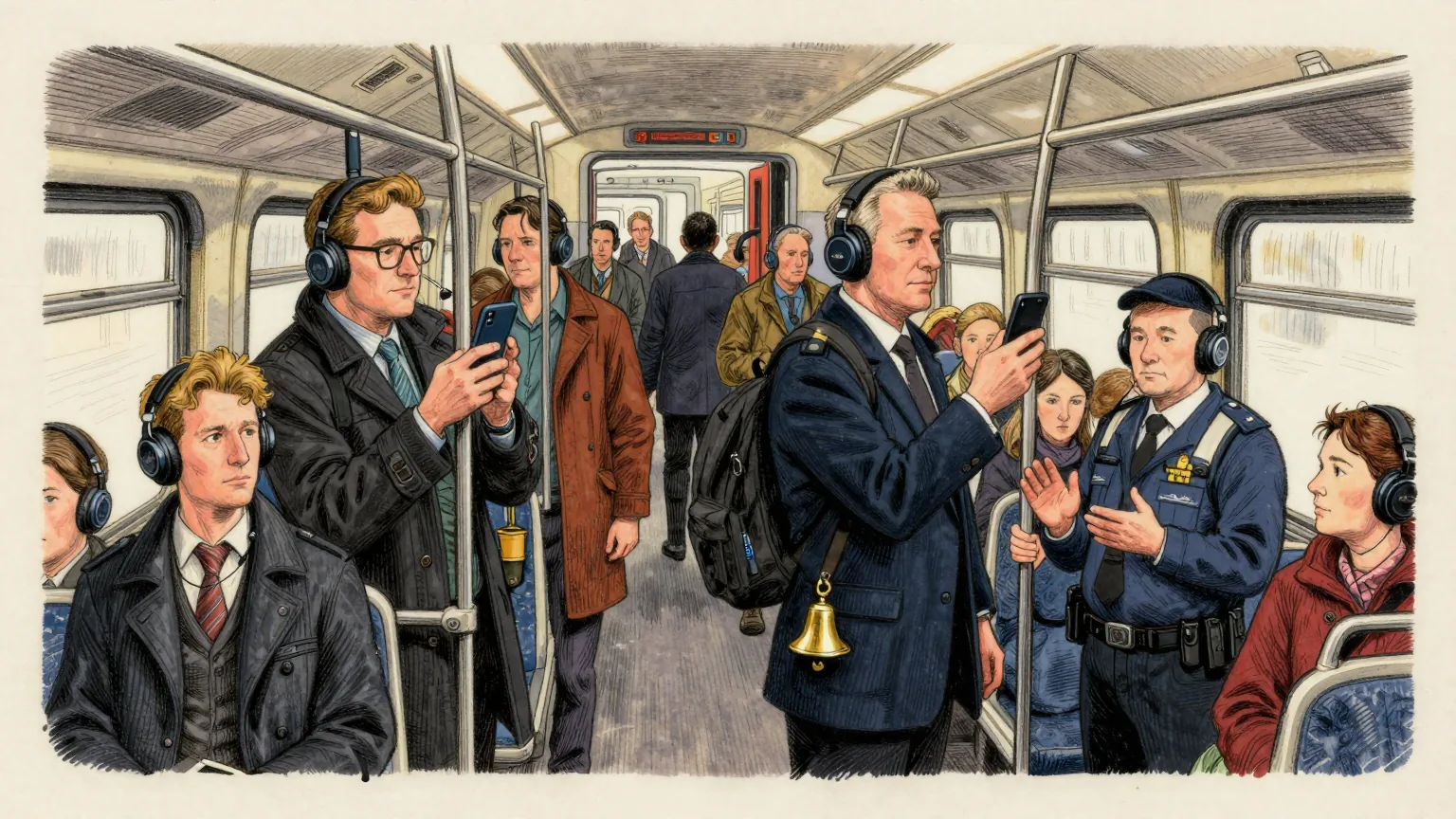 Editorial cartoon illustration: A crowded British commuter train carriage at rush hour, passengers in coats standing and seated, every one of them wearing neat over-ear headphones and looking straight ahead. Near the doors one man holds his phone out at arm's length, playing it to the whole carriage, while a uniformed transport safety officer beside him holds out an open palm and waits. A small brass handbell hangs from the man's rucksack.