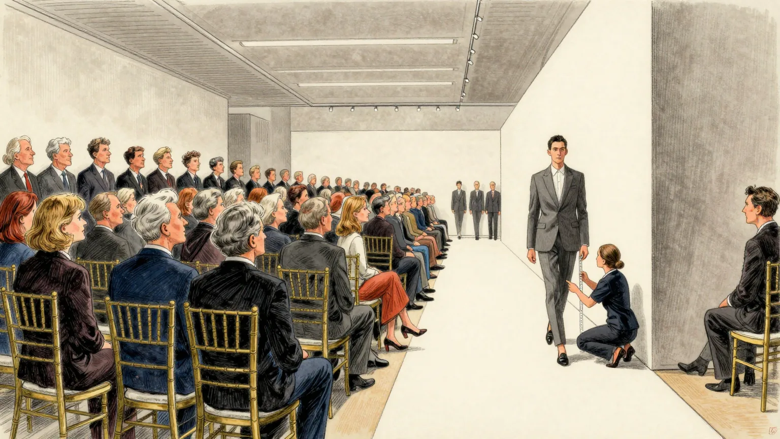 Editorial cartoon illustration: A long white catwalk in a modern gallery space with a packed front row of well-dressed guests on gilt chairs, watching a model in a plain grey suit stride past. At the end of the runway a member of staff in a neat uniform kneels on the floor with a tape measure, carefully measuring the height of the catwalk itself. Nobody in the front row has noticed her.