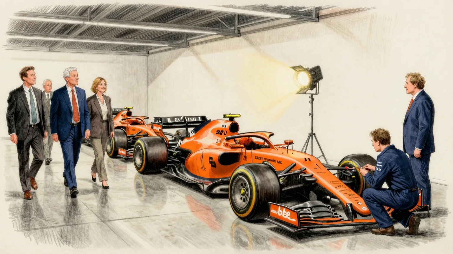 Editorial cartoon illustration: Five Formula One cars in orange and black livery lined up nose to tail in a spotless private showroom with a polished concrete floor, as a small group of collectors in blazers walks slowly along the row with their hands behind their backs. A mechanic in team overalls kneels beside the newest car with a torque wrench. Beside that car a tall film studio lamp on a tripod is switched on and aimed into its empty cockpit.
