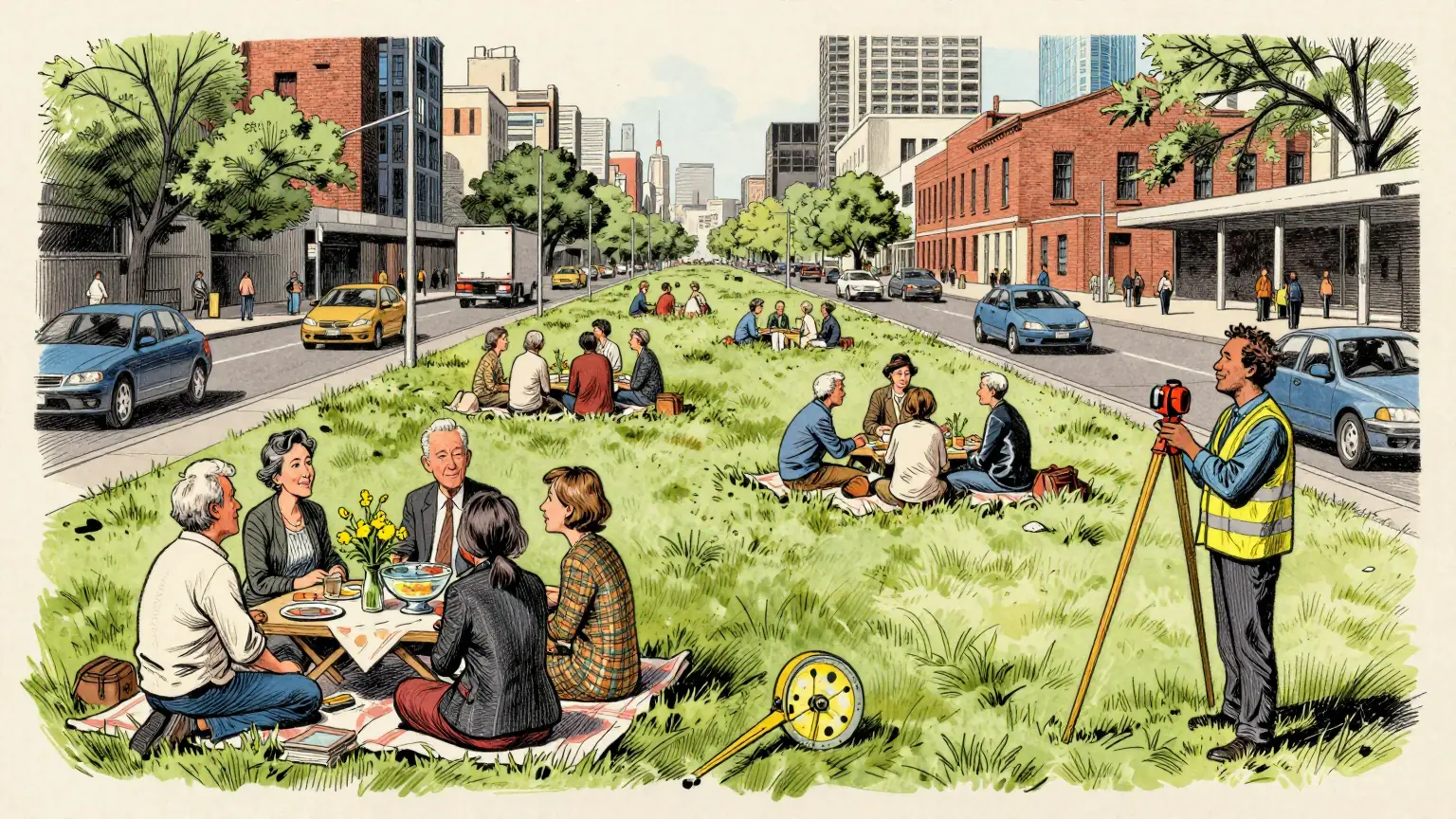 Editorial cartoon illustration: A few dozen people in light spring clothes picnic on a long grassy strip running down the middle of a wide Melbourne street, with cars passing on both sides. In the foreground one group has set a wooden table with a cloth, a vase of yellow flowers and a large glass punch bowl. At the edge of the grass a council officer in a high-visibility vest stands alone with a surveyor's measuring wheel, studying the lawn rather than the people.