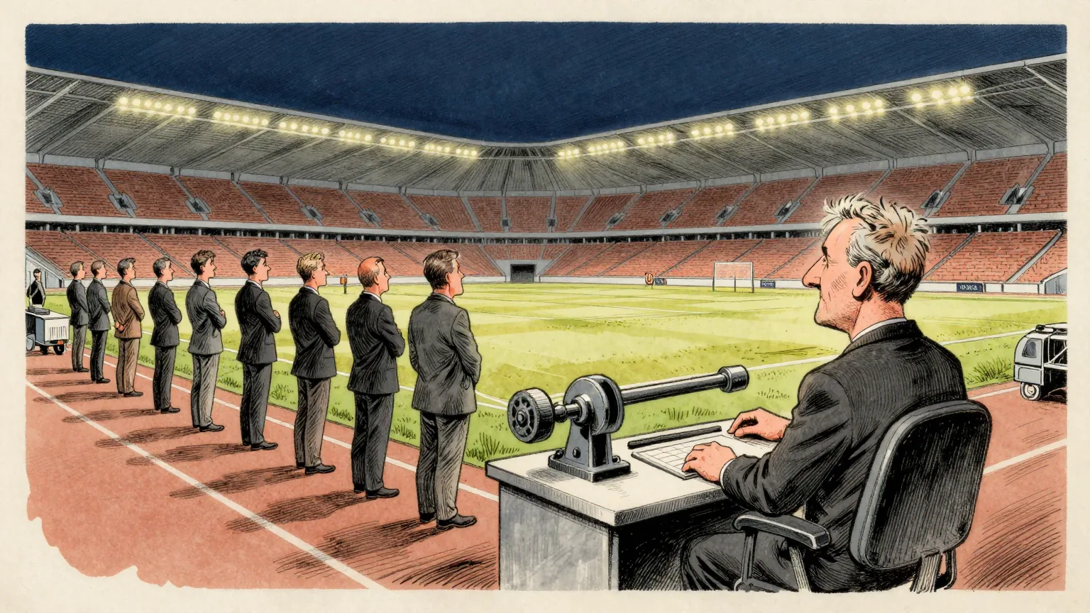 Editorial cartoon illustration: A floodlit stadium at night with an empty press box, and in the foreground a single technician sitting at a plain desk beside the touchline with one hand resting on a large mechanical lever. Behind him a row of broadcast crew members stand idle with their arms folded, watching the pitch. The technician's chair is turned away from the match.