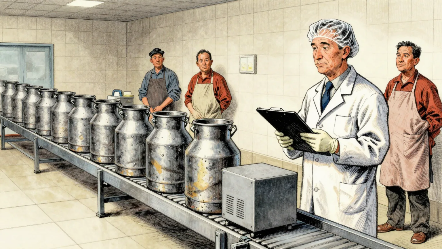Editorial cartoon illustration: A food safety inspector in a white coat, hairnet and gloves stands in a cold tiled dairy inspection room holding a clipboard, examining a row of identical metal milk churns on a conveyor. At the end of the row, in place of a churn, sits a plain grey server unit on the same conveyor, with condensation on it. Two dairy workers in aprons stand further back, waiting.