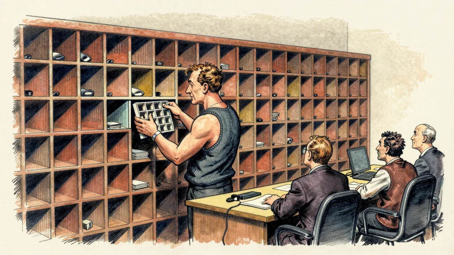 Editorial cartoon illustration: A tidy office storeroom in which one whole wall is a grid of identical small square pigeonholes. A man in a knitted tank top has reached into one pigeonhole and pulled out a second, slightly smaller grid of pigeonholes, which he now holds in both hands and studies. Two colleagues at a nearby desk carry on with their work without looking up.