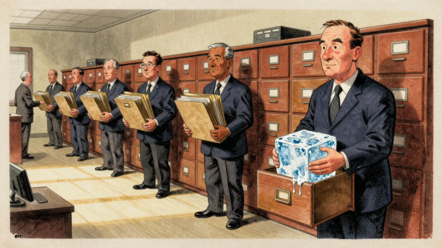 Editorial cartoon illustration: A row of clerks in shirtsleeves works in a dim municipal records office lined with wooden filing drawers, carrying armfuls of closed brown folders from one side of the room to the other. At the end of the row, one clerk stands at an open drawer holding a block of ice the size of a brick, which has half melted over his hands and is dripping onto the floorboards. A shaft of hot sunlight falls across the room.