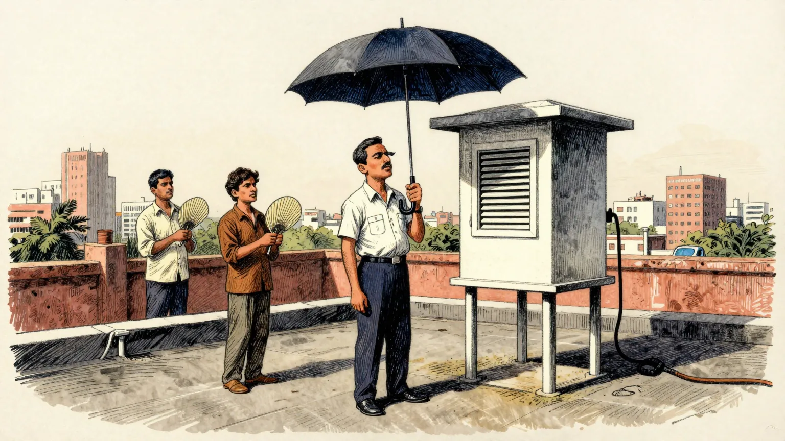 Editorial cartoon illustration: A weather official in a short-sleeved shirt stands on the flat concrete roof of a city meteorological office in Mumbai at midday, beside a white louvred instrument shelter on legs, squinting into hard sunlight. Two colleagues a few feet away fan themselves with their hands. The official holds a large closed black umbrella straight up over the instrument shelter rather than over himself.