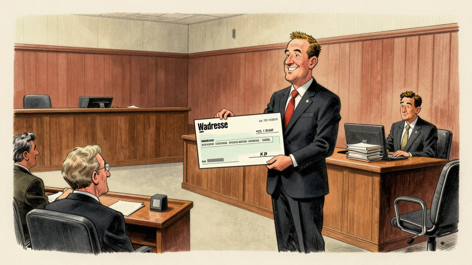 Editorial cartoon illustration: A lawyer in a dark suit stands in a wood-panelled courtroom holding up an oversized novelty cheque towards an empty defendant's bench, smiling with professional satisfaction. The bench and the whole half of the room behind it are completely empty. A clerk at a side desk is quietly stacking files.