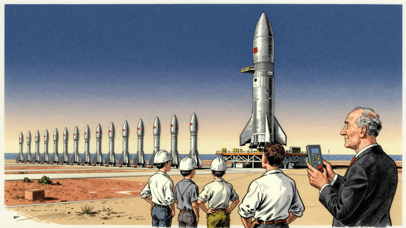 Editorial cartoon illustration: An enormous silver rocket stands on a coastal launch pad at dawn under a clear sky, with a long queue of identical rockets waiting on the flat ground behind it, nose cones all pointing upward and stretching to the horizon. Four people stand in the foreground looking along the queue: three engineers in white shirts and hard hats with their hands on their hips, and one older official in a dark suit pressing a small handheld tally counter.