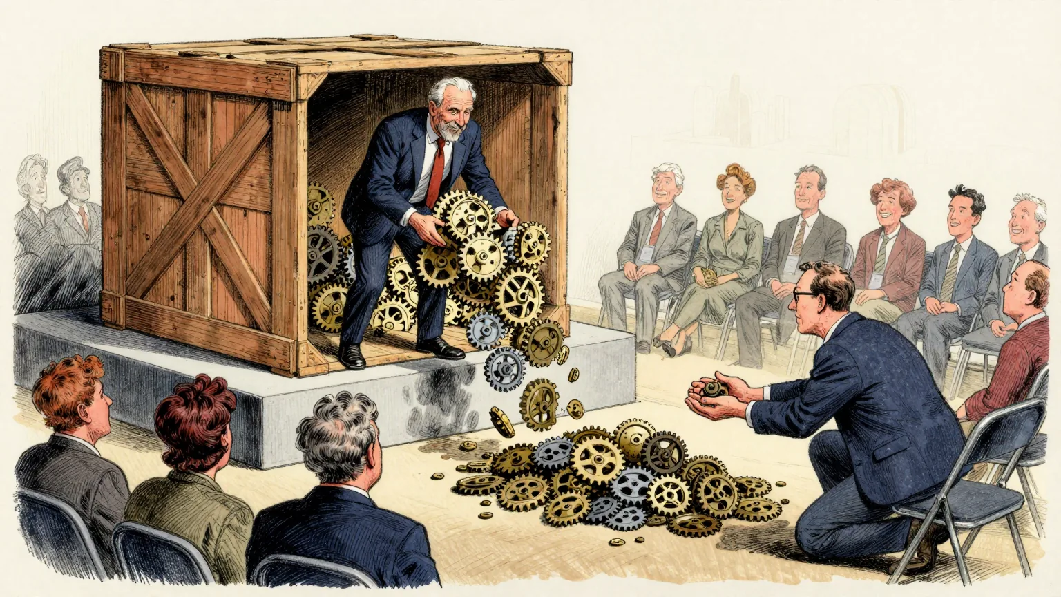 Editorial cartoon illustration: A computer science professor stands on a small conference stage beside a large empty wooden crate, cheerfully tipping an armful of assorted mechanical gears into it while an audience watches from folding chairs. From a hatch on the far side of the crate the same gears are tumbling out into a neat pile on the floor. One technician crouches beside that pile with cupped hands, catching them as they fall.