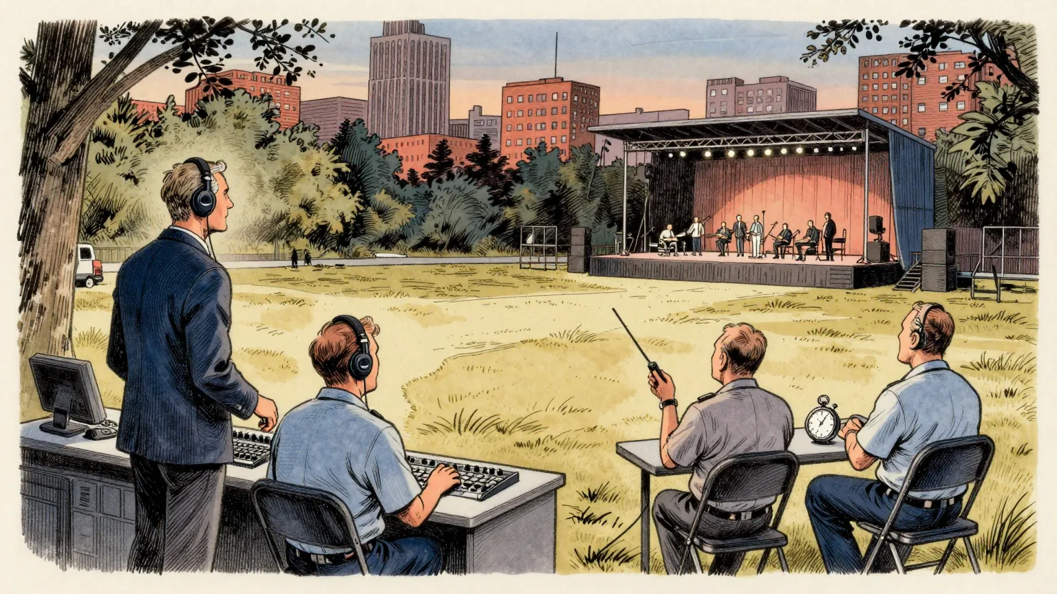 Editorial cartoon illustration: A sound engineer stands alone behind a mixing desk at the edge of a large empty city park at dusk, headphones round their neck, watching a stage where a band is playing to nobody. Two council officers in shirtsleeves sit on folding chairs at a trestle table nearby with a stopwatch between them, waiting. One of the officers holds a single small handheld sound meter, pointed away from the stage.
