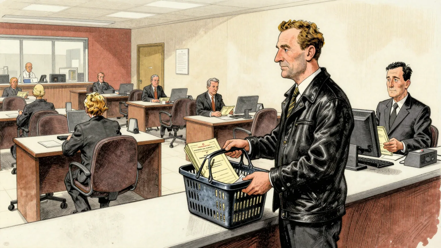 Editorial cartoon illustration: Inside a bright trading floor, a chief executive in a black leather jacket stands alone at a counter holding a large shopping basket filled with identical share certificates, waiting patiently at the till. Every other desk in the room is empty, chairs neatly pushed in. A single cashier in a plain uniform scans the certificates one by one and hands them straight back across the counter.