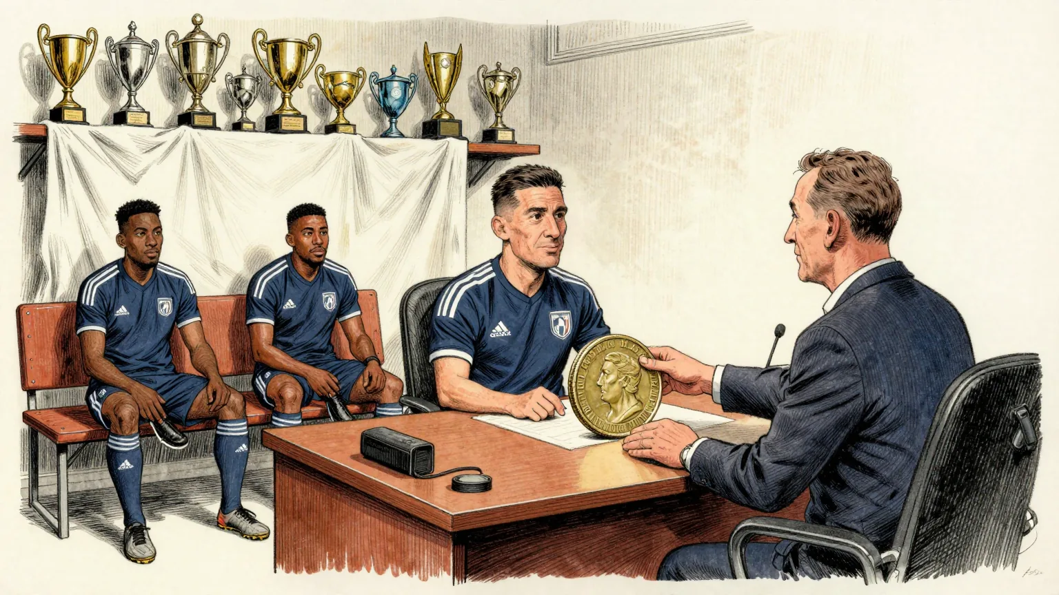 Editorial cartoon illustration: Inside a quiet American soccer club office, an executive in shirtsleeves slides a single very large coin across a desk towards a footballer in training kit, who sits upright listening politely. Two other players wait on a bench against the wall, holding their boots. Behind the desk a row of trophies has been pushed to the far end of a shelf and covered over with a dust sheet.