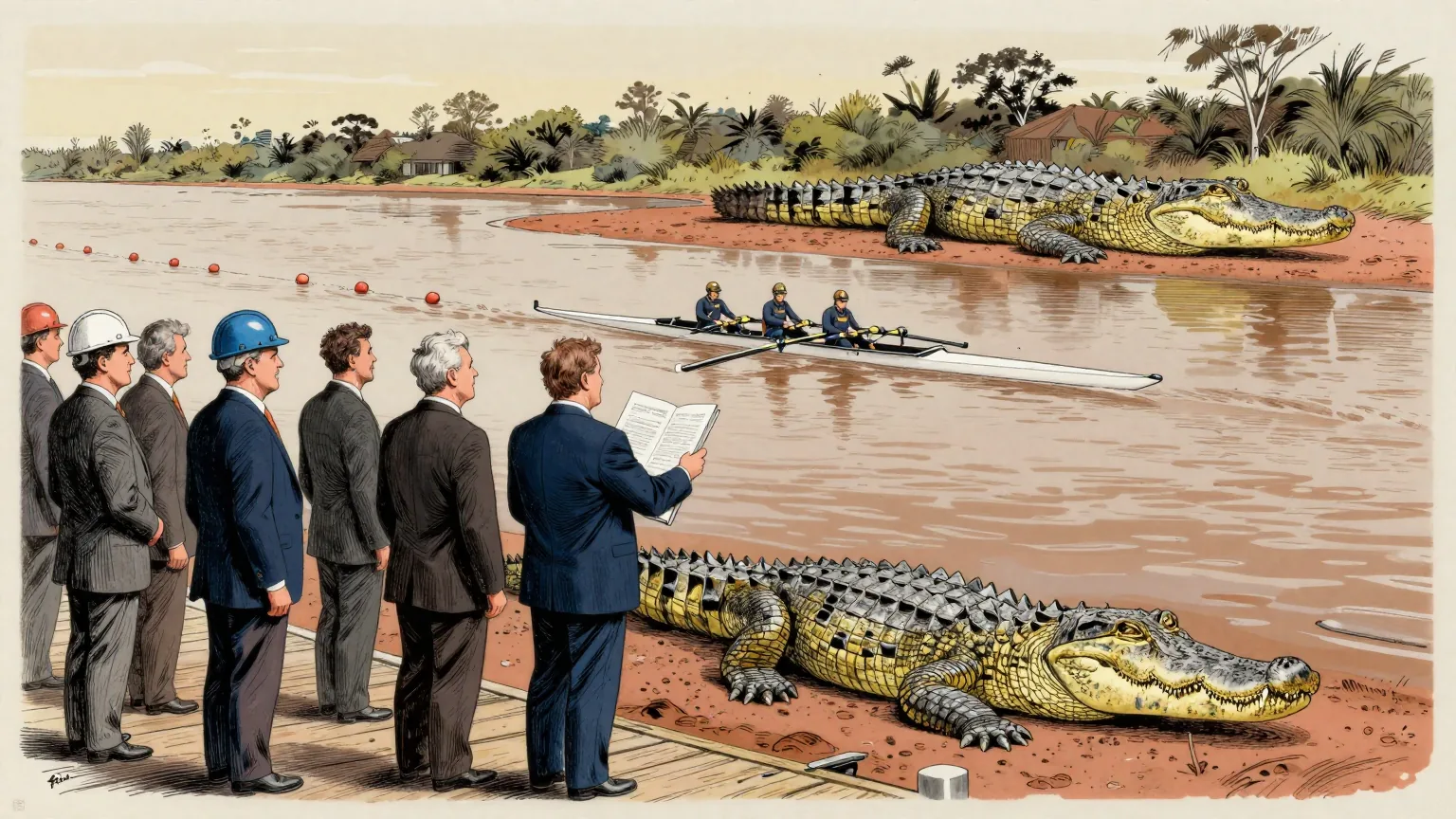 Editorial cartoon illustration: A group of officials in suits and hard hats stand on a wooden jetty beside a wide brown Australian river, one of them holding a large rolled technical report and gesturing approvingly along an empty racing lane marked out with floating buoys. A rowing eight glides past in the middle distance. On the muddy bank immediately behind the officials, an enormous saltwater crocodile lies completely still, in the one direction nobody is looking.