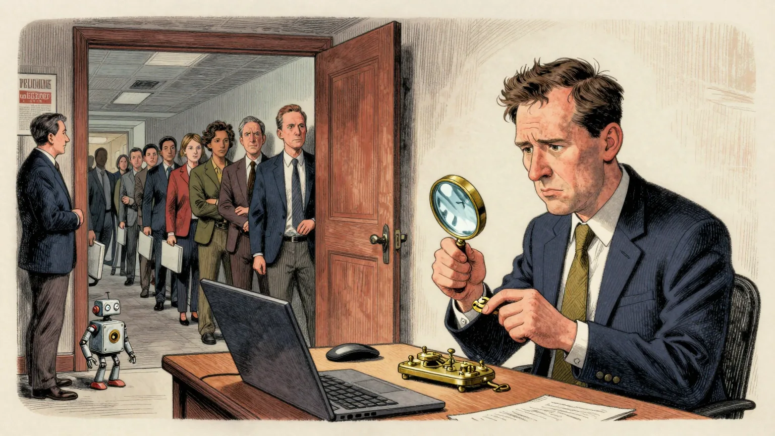 Editorial cartoon illustration: A volunteer moderator sits at a desk in a cluttered home office late at night, holding a magnifying glass over a small brass clockwork gadget and frowning at it, as though deciding whether it was made by hand. A long queue of developers waits in the corridor beyond the open door, each with a closed laptop under one arm. A toy robot stands on the desk at the front of the queue, waiting its turn.